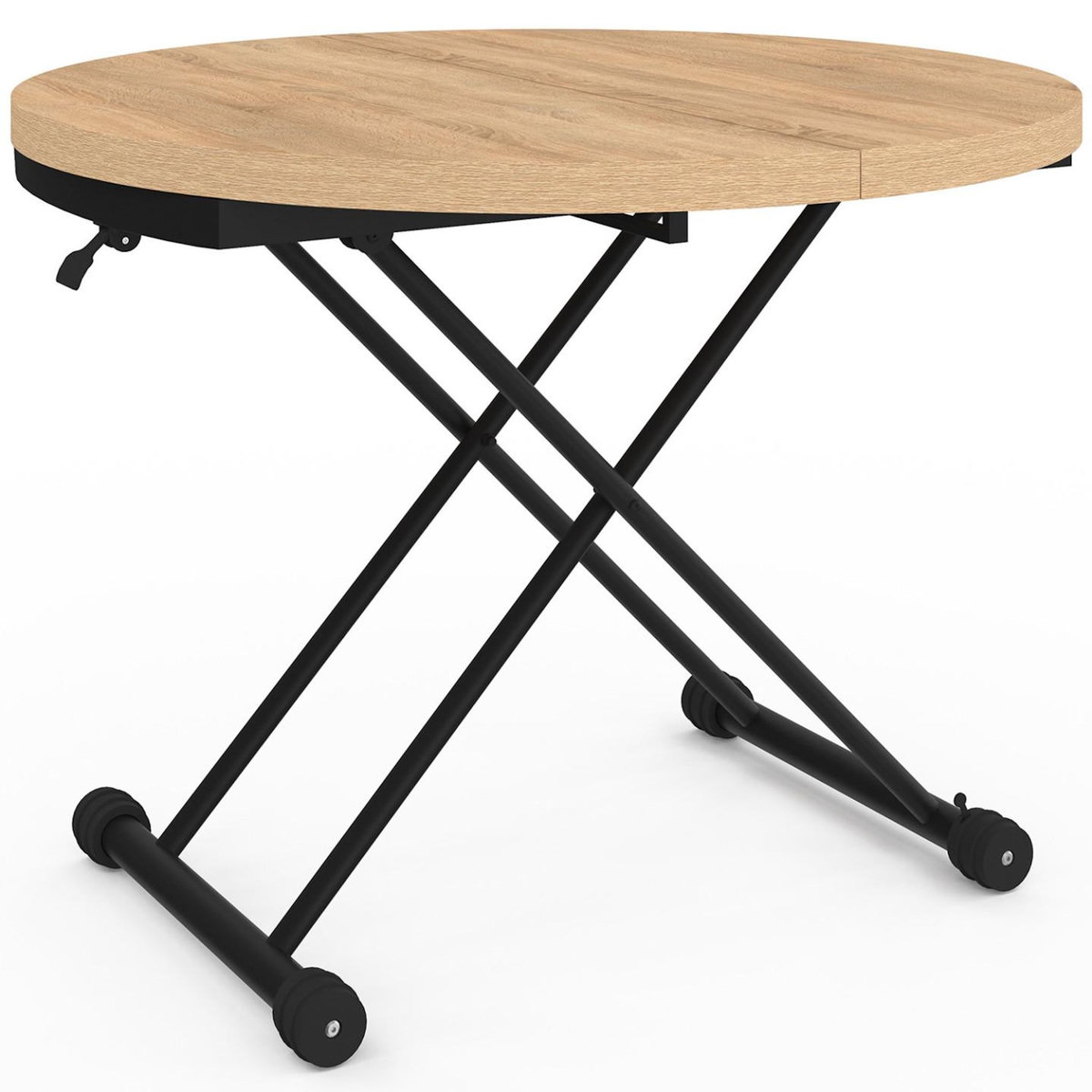 ID MARKET Table basse extensible relevable en table à manger ronde ALTURA plateau façon hêtre pied noir design industriel