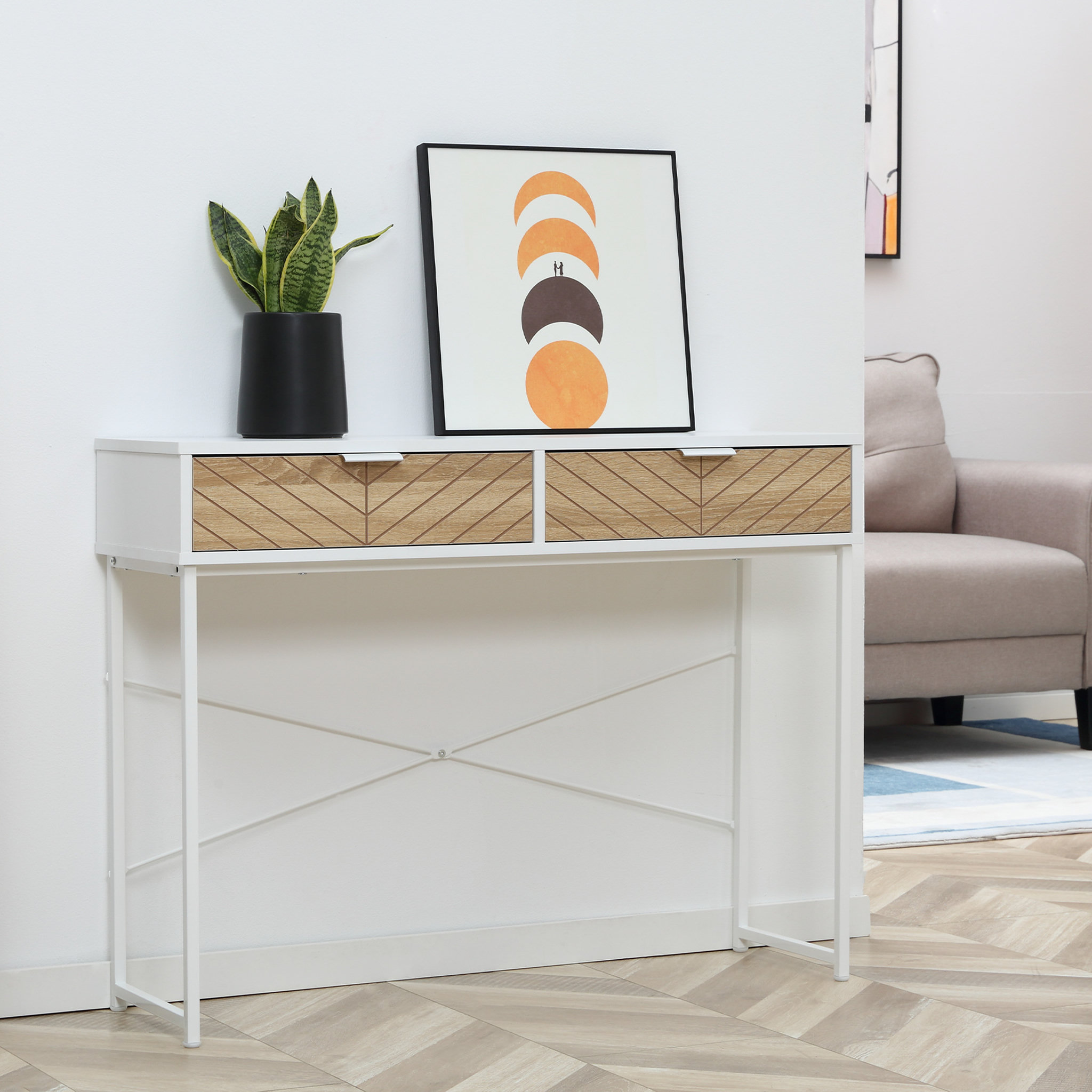 Voir la diapositive 2 : HOMCOM Table console industriel 2 tiroirs aspect bois de chêne sculpté motif à chevrons piètement métal blanc