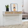 Voir la diapositive 2 : HOMCOM Table console industriel 2 tiroirs aspect bois de chêne sculpté motif à chevrons piètement métal blanc