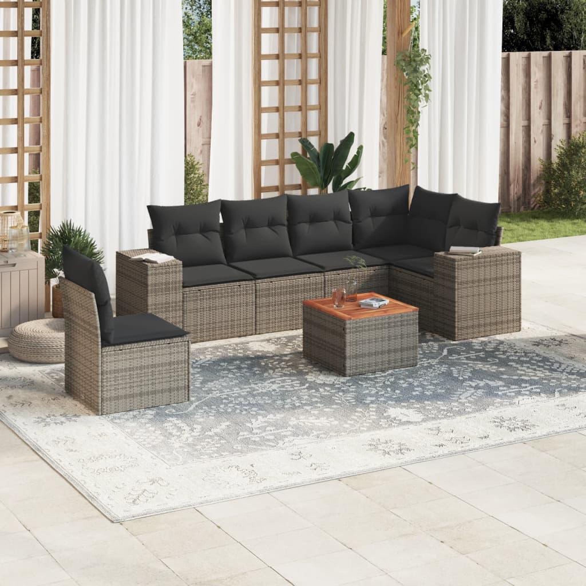 VIDAXL Salon de jardin avec coussins 7 pcs gris resine tressee