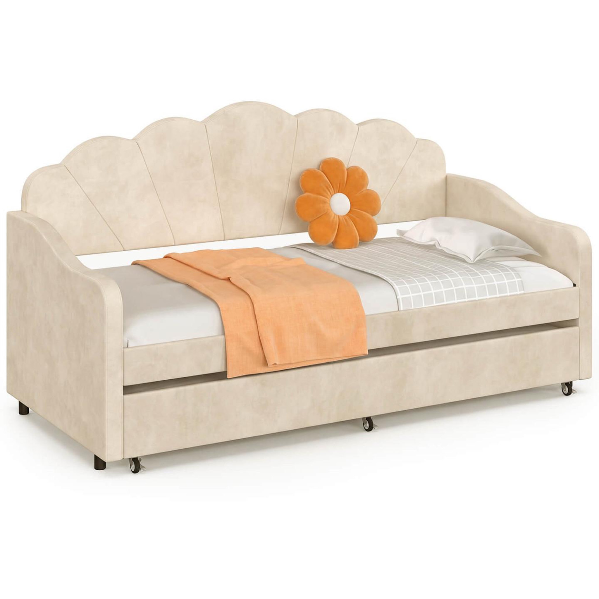 ID MARKET Lit banquette gigogne coquillage amanda 2 x 90 x 190 cm avec 2 sommiers velours beige