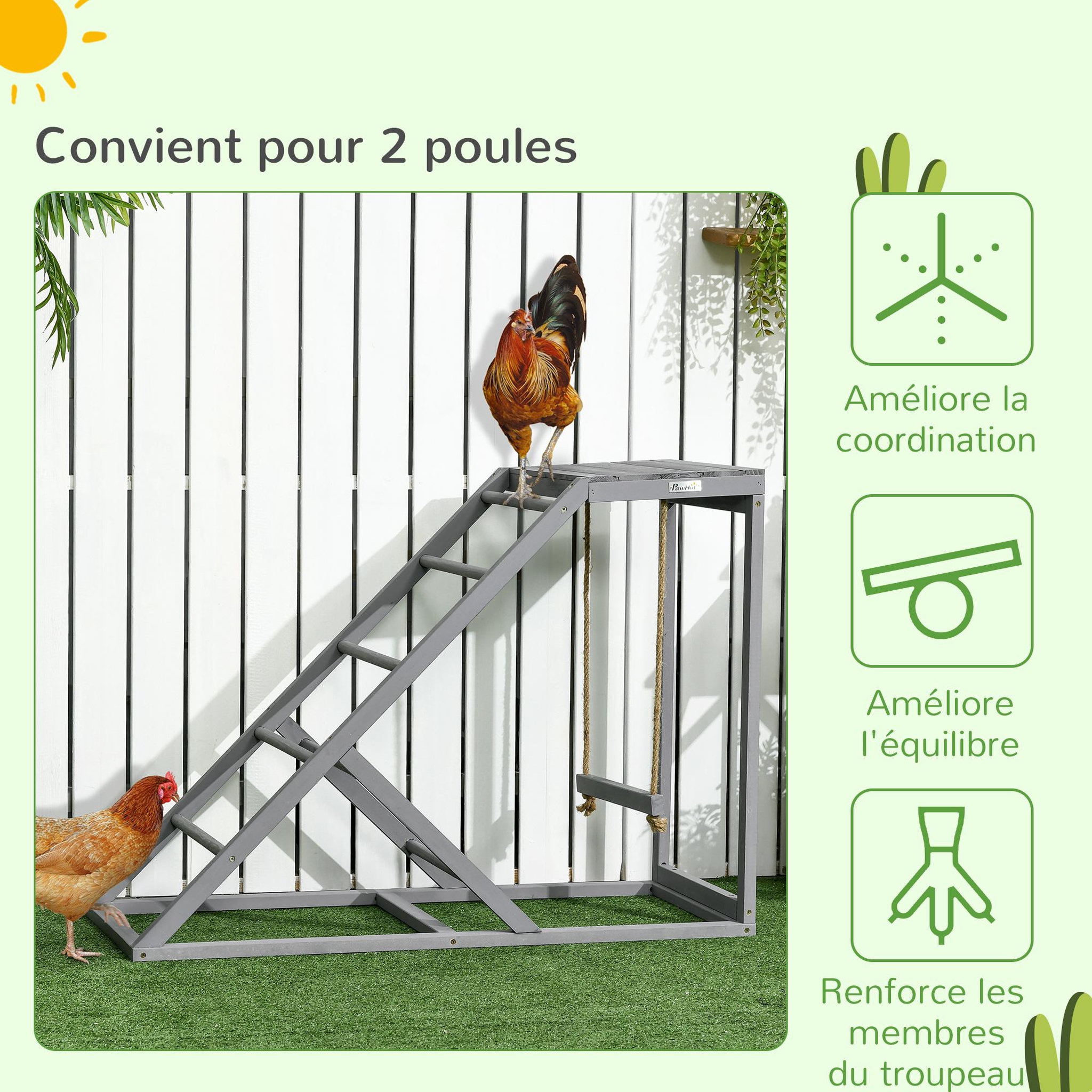 Voir la diapositive 5 : PAWHUT Perchoir grande taille pour poule balançoire plateforme 3 en 1 - dim. 96 x 40 x 71 cm - bois gris