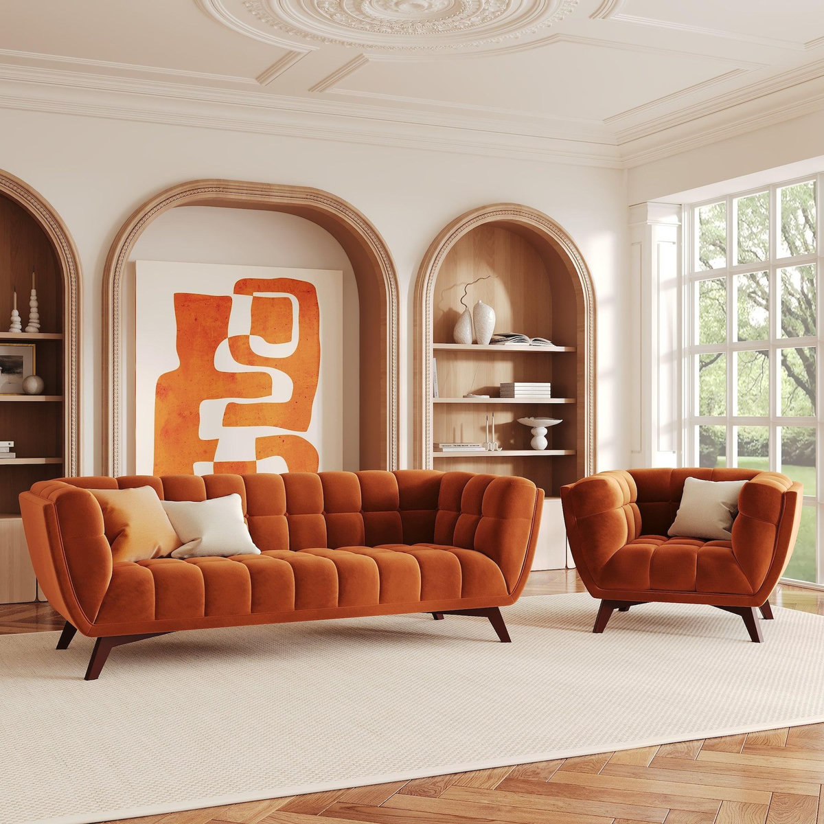 MAISON PAVANE Ensemble canapé et fauteuil en velours orange 4 places-Mona