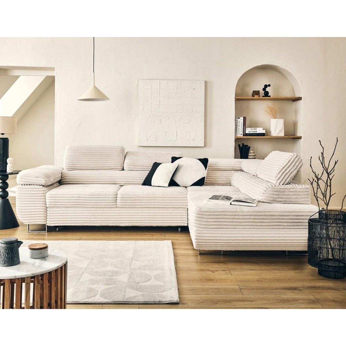 LISA DESIGN Zaria - canapé d'angle droit 5 places convertible avec coffre et têtières en velours côtelé grosses côtes