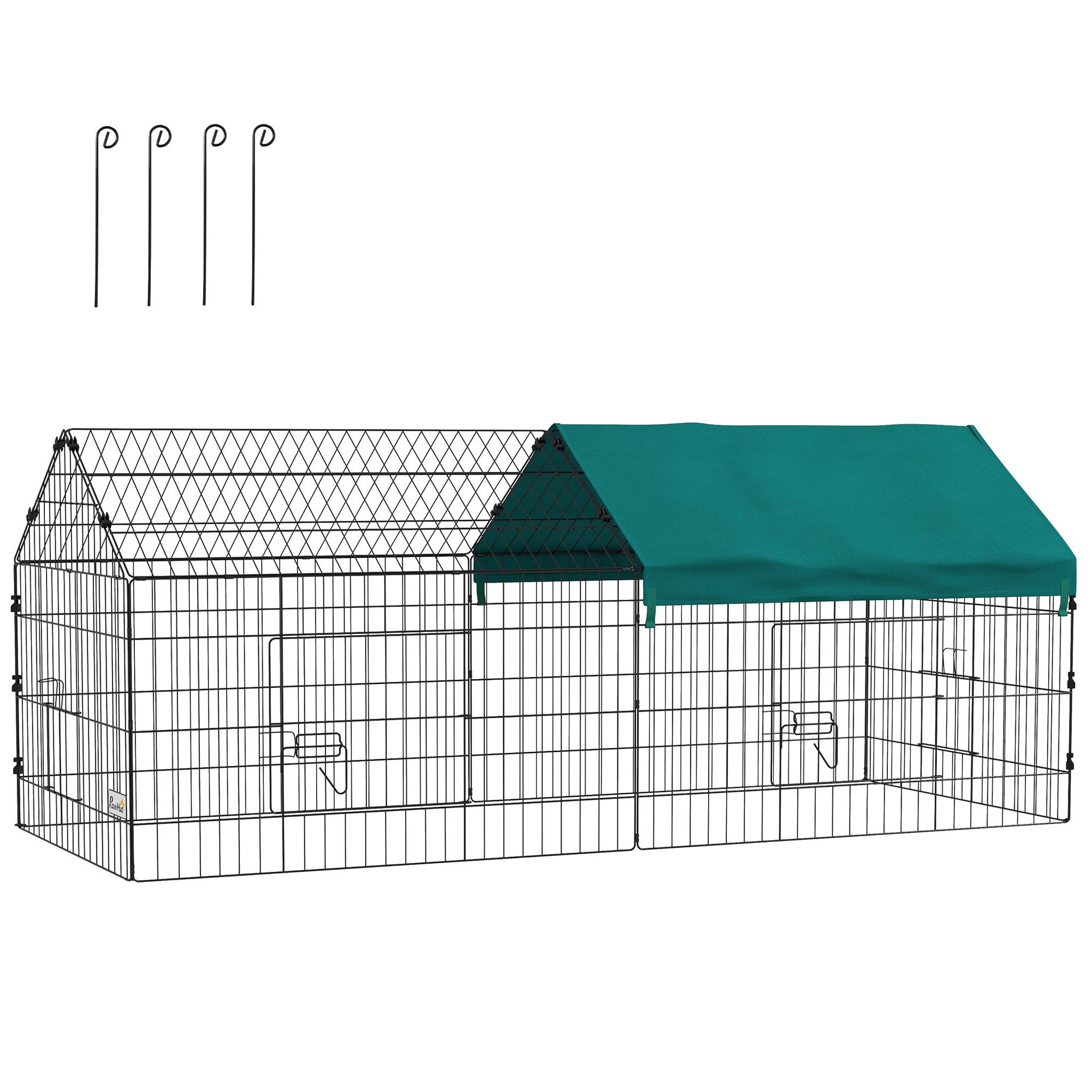 PAWHUT Parc enclos petits animaux - 2 portes, 2 trappes nourrissages, zone couverte - acier noir polyester vert