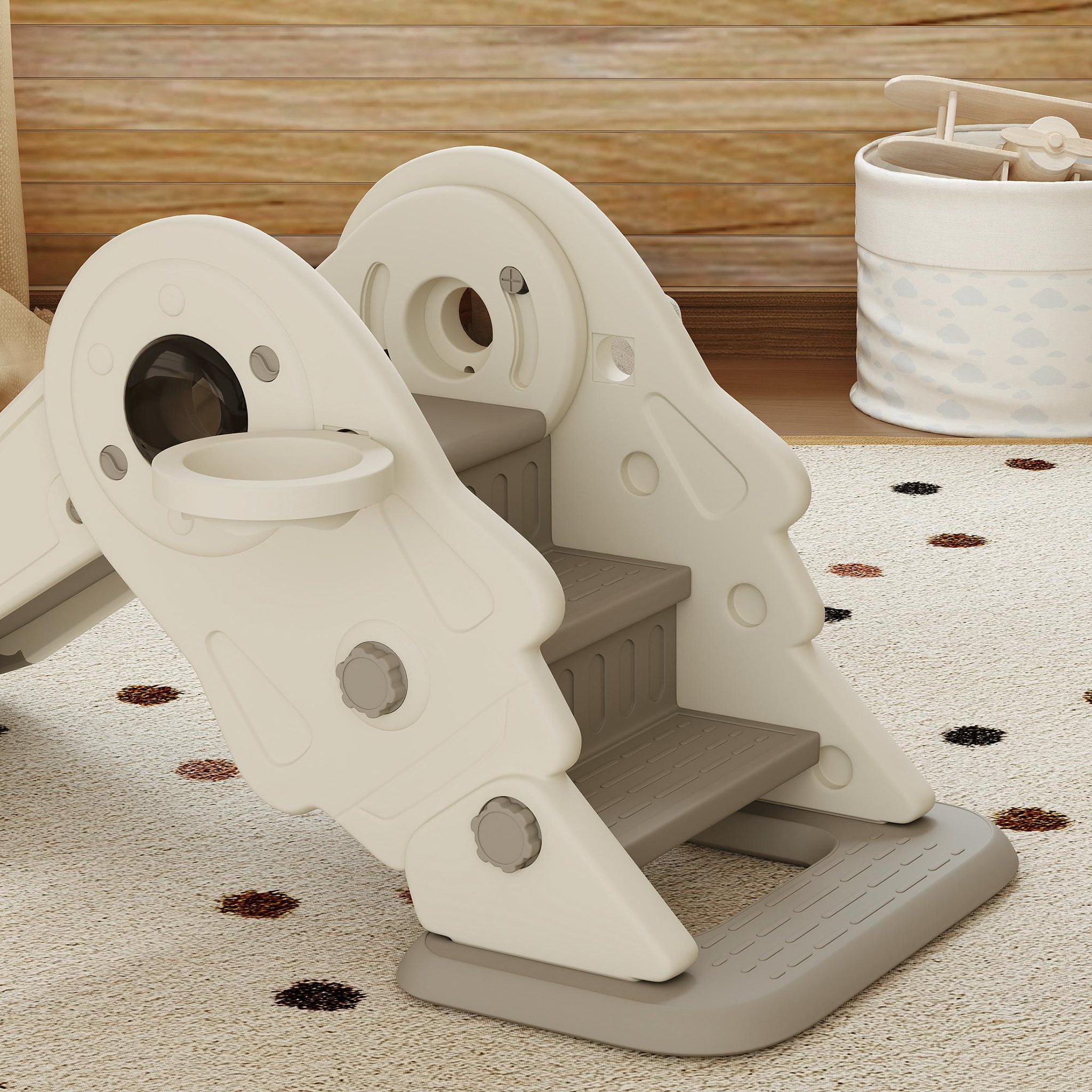 Voir la diapositive 6 : HOMCOM Toboggan enfant pliable panier de basket 2 en 1 HDPE crème gris