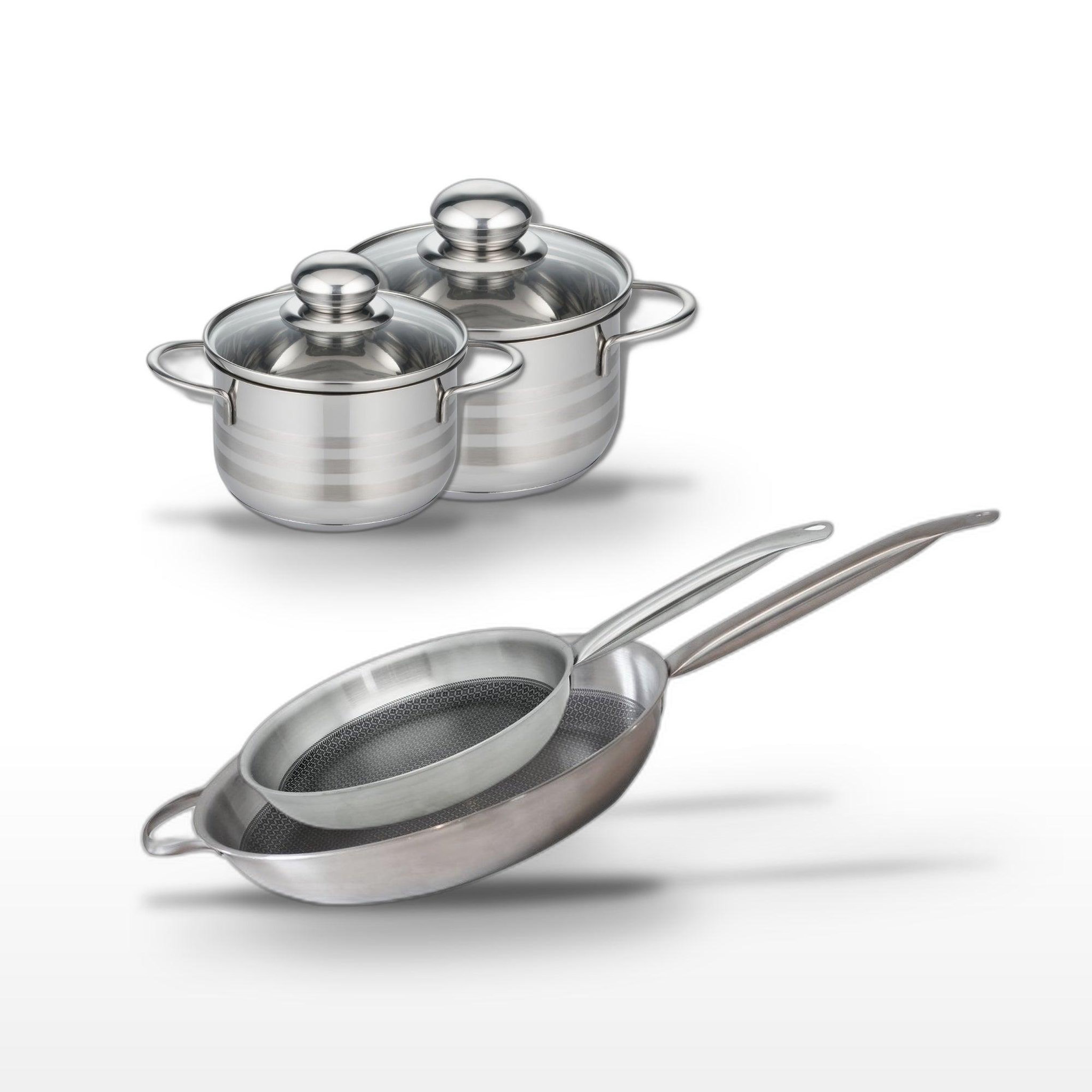 ELO Batterie de cuisine avec 2 faitouts 14/16 cm et 2 poêles de cuisson 28/32 cm sans pfas elo collection relief solution brillant