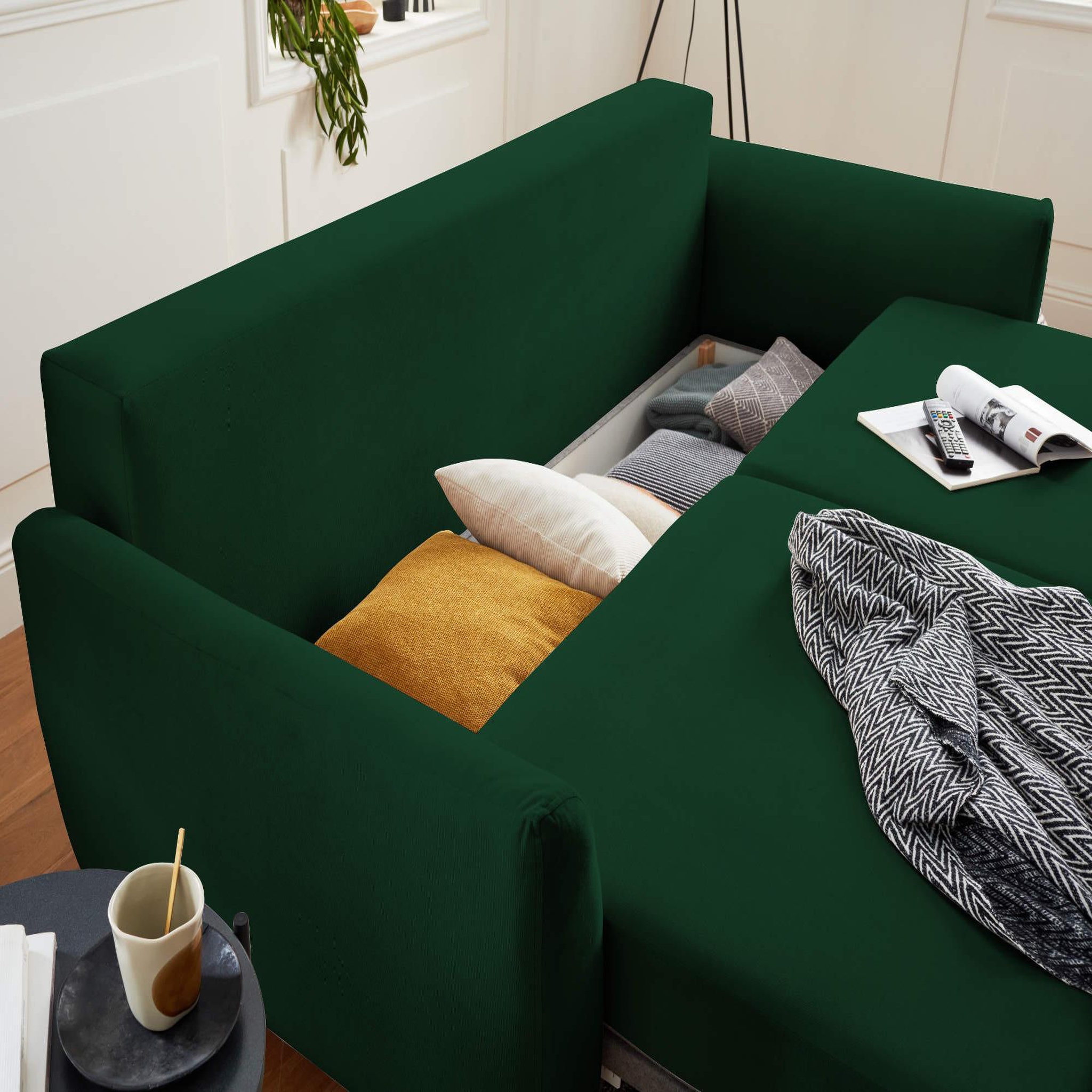 Voir la diapositive 4 : BEST MOBILIER Nils - canapé droit 3 places convertible - avec coffre de rangement - velours