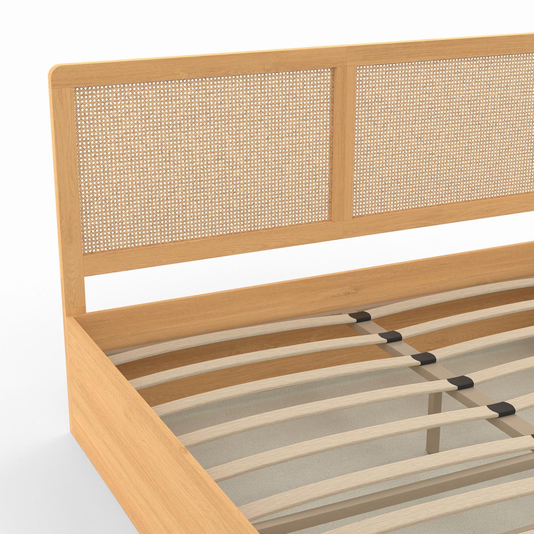 Voir la diapositive 6 : ID MARKET Lit coffre double edhen avec tête de lit cannage et sommier 140 x 190 cm coloris bois