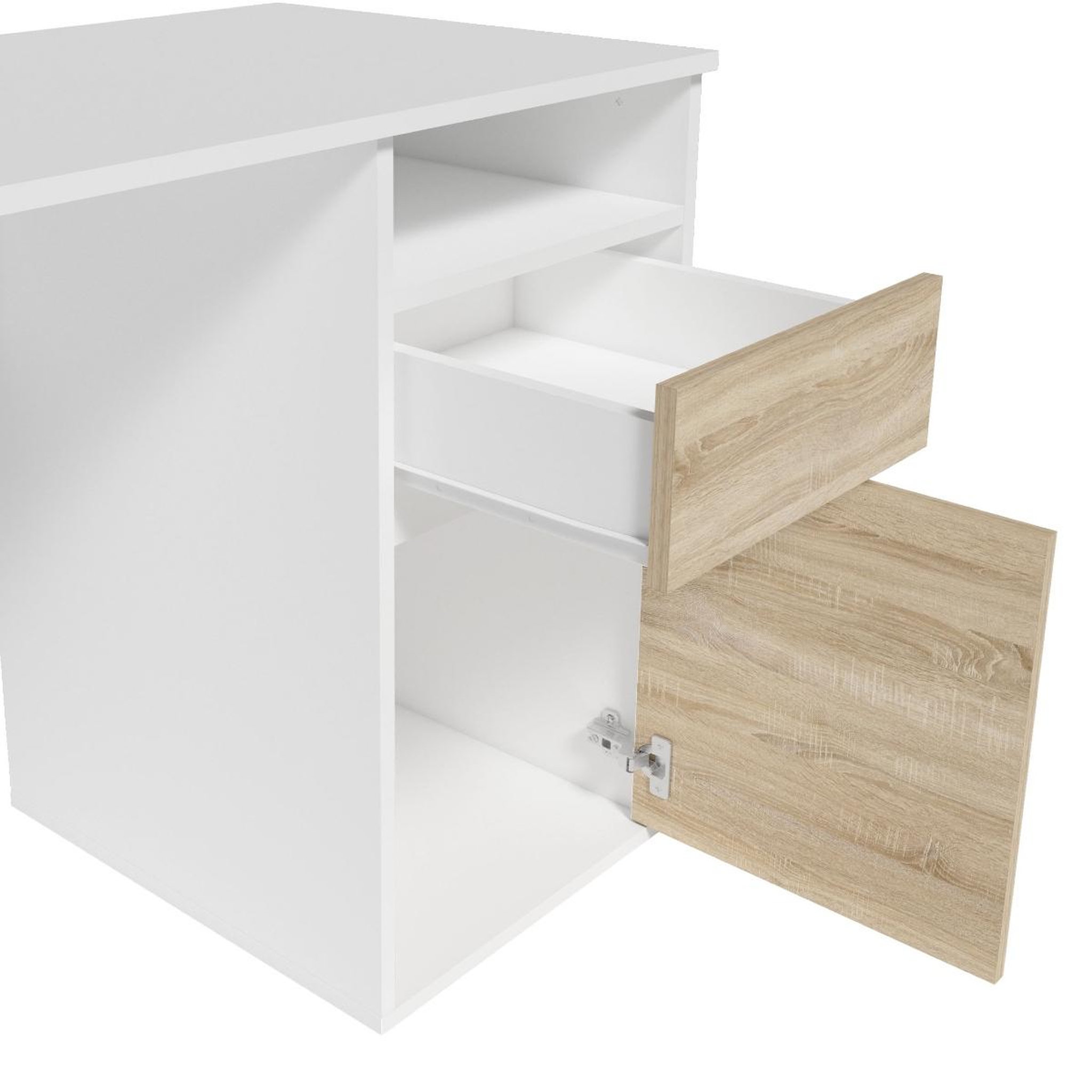 Voir la diapositive 5 : JLC KREATION Bureau moderne blanc et bois 120cm avec rangement albi