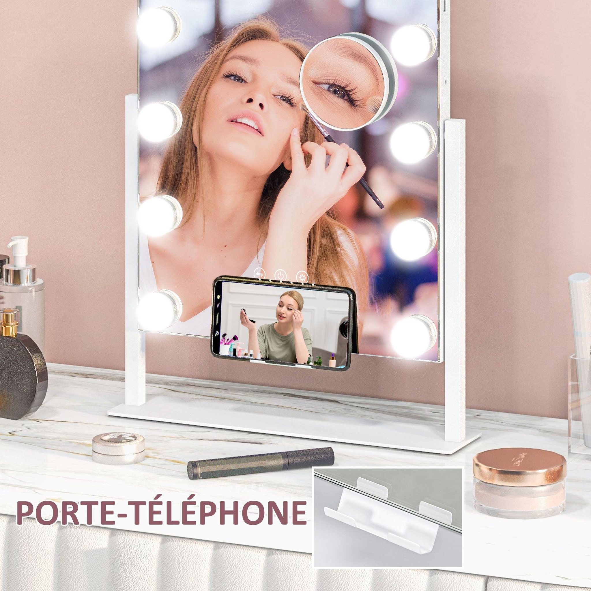 Voir la diapositive 6 : HOMCOM Miroir hollywood led rotatif grossissant dim. 36,5 x 45,5 cm 12 ampoules 3 modes luminosité port charge usb