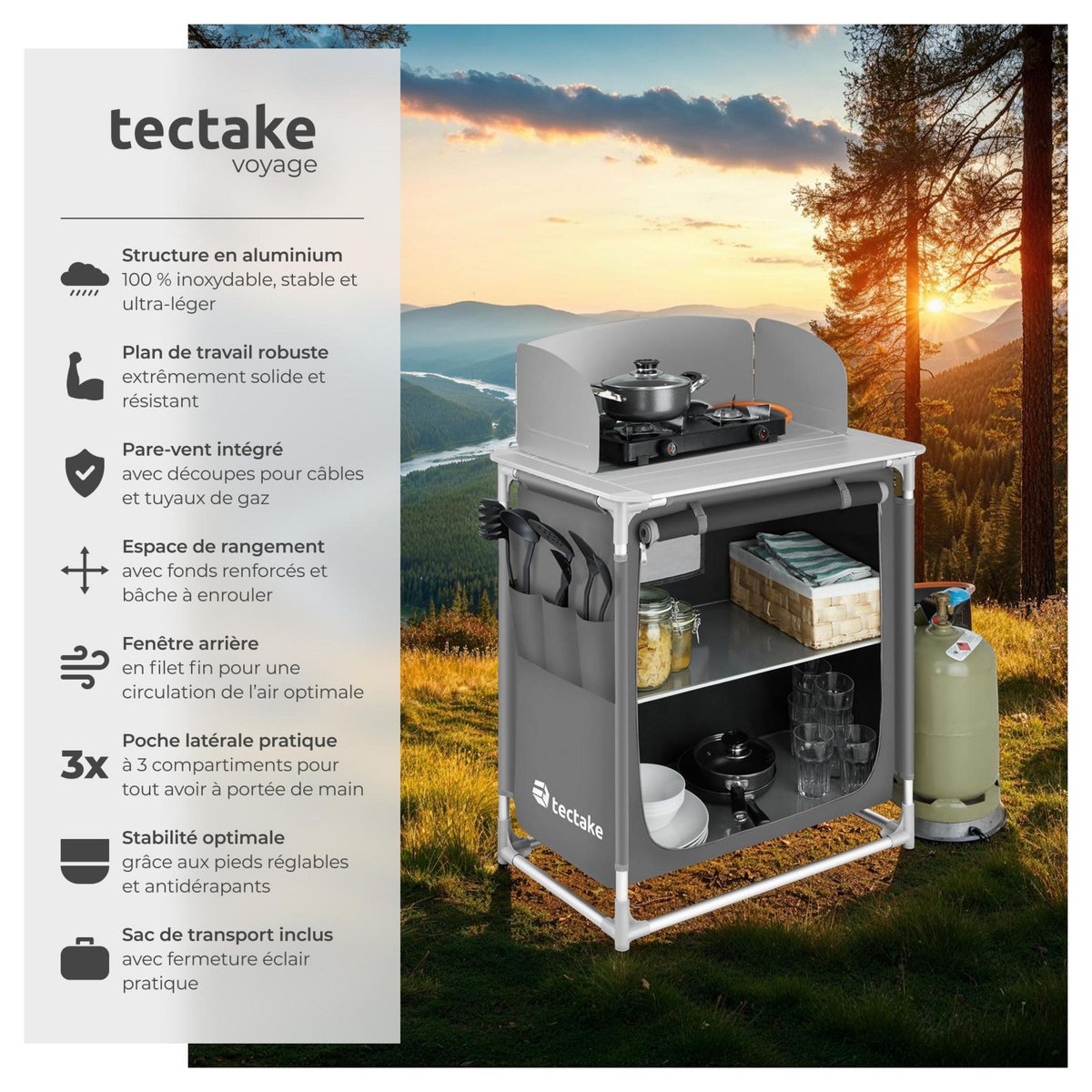 tectake Cuisine de camping premium avec 2 compartiments pliable gris