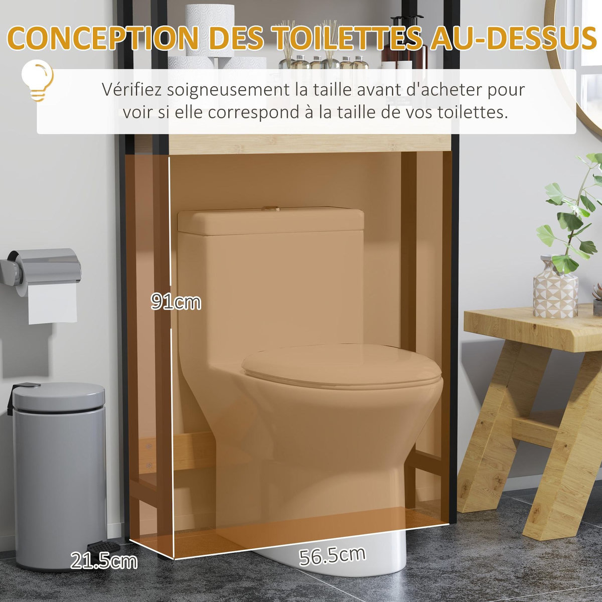 KLEANKIN Meuble étagère dessus WC - 2 portes, 2 étagères - MDF noir bois bambou verni