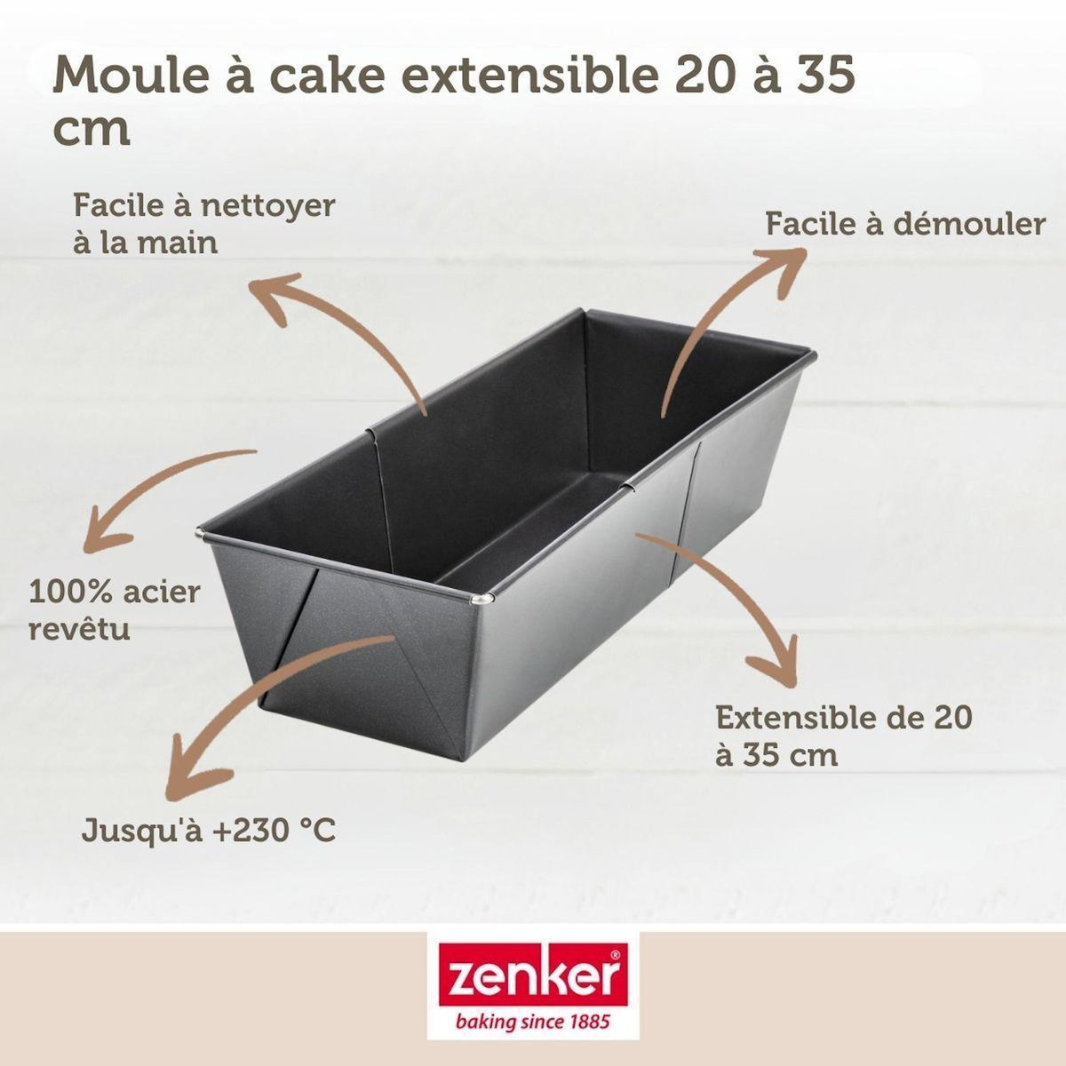 ZENKER Lot avec 1 moule à cake de 20 à 35 cm, 1 spatule Zenker et 2 bols à mixer en inox Fackelmann