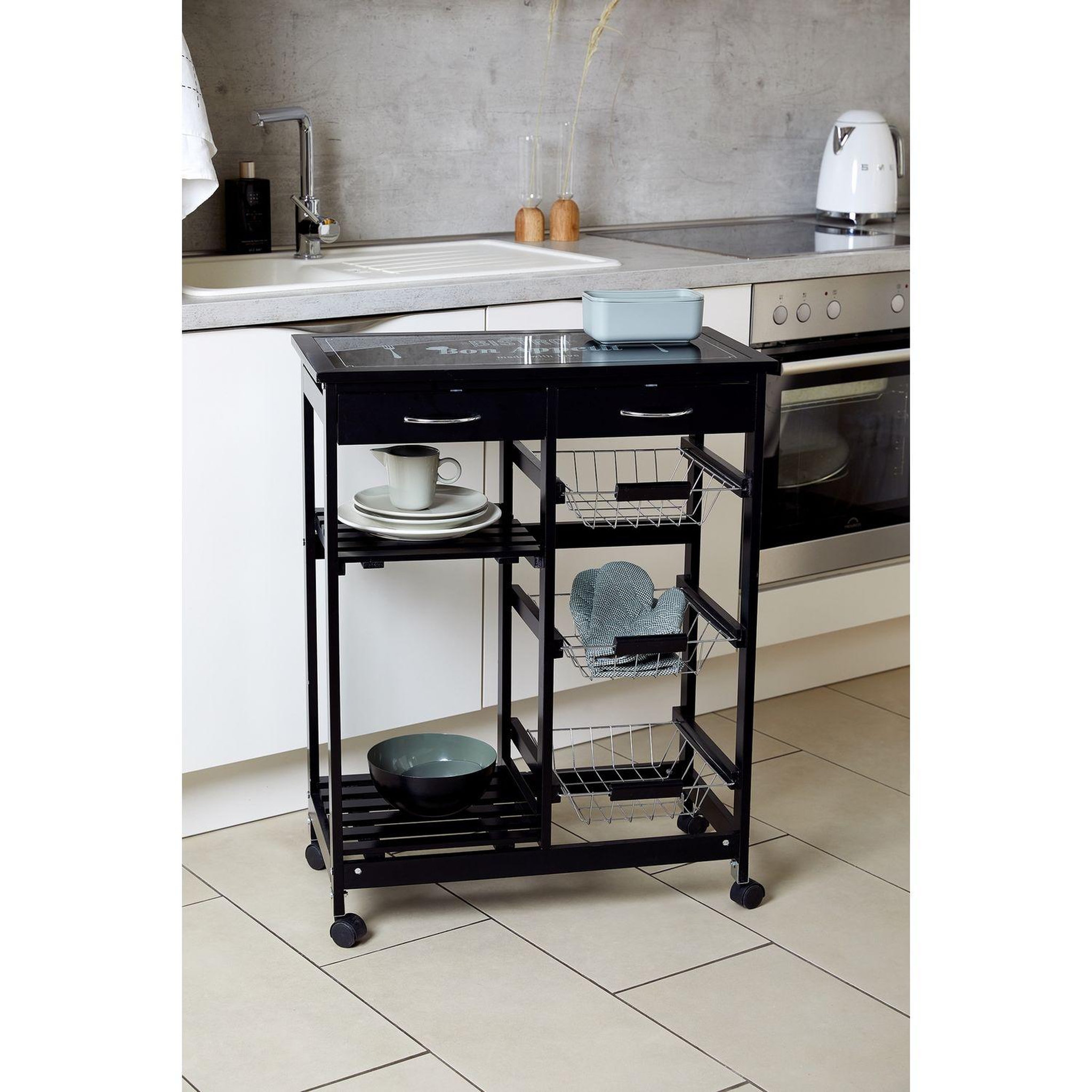 Voir la diapositive 4 : Wenko Desserte de cuisine à roulettes bois Bon Appetit - L. 67 x H. 86 cm - Noir
