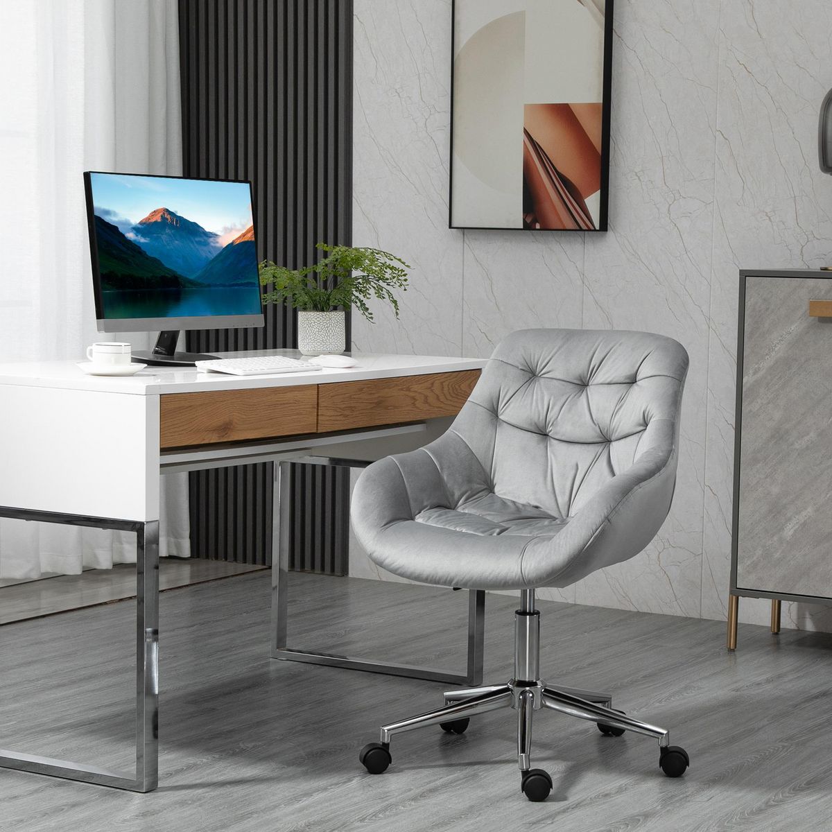 VINSETTO Vinsetto Chaise de bureau design Chesterfield effet capitonné hauteur réglable pivotant 360° piètement chromé velours gris