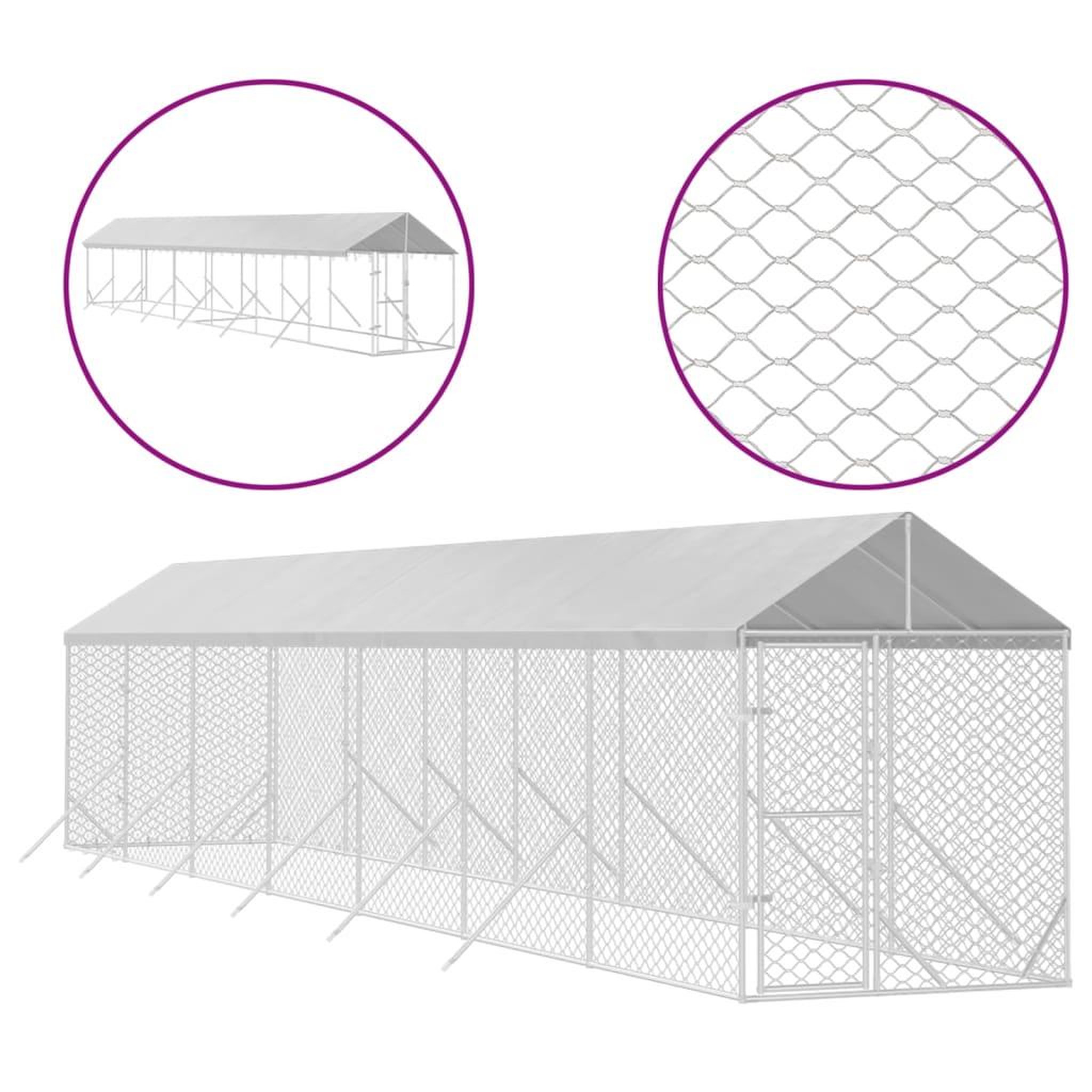 Voir la diapositive 2 : VIDAXL Chenil d'exterieur pour chiens avec toit argente 2x14x2,5 m