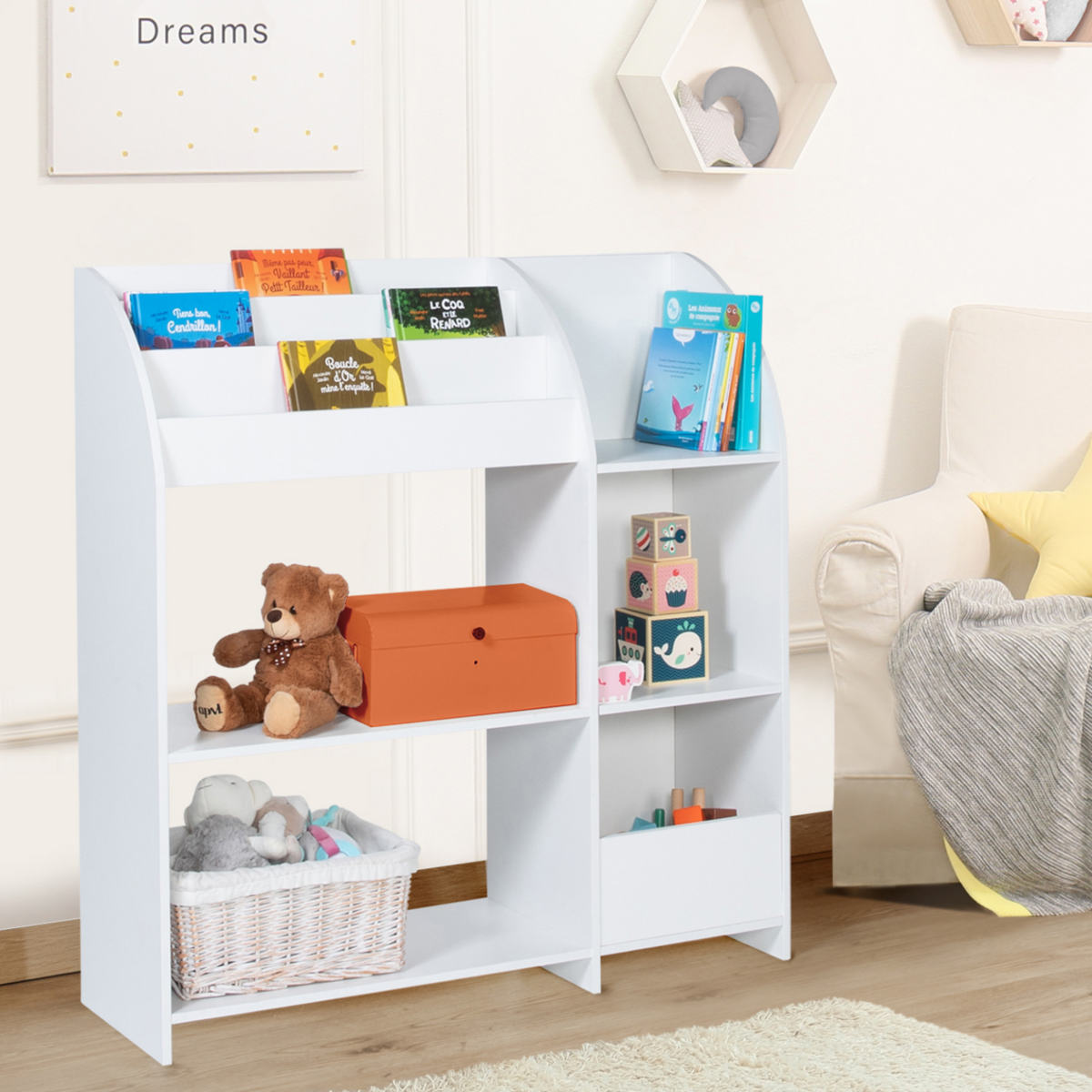 ID MARKET Meuble de rangement EMMA étagère jouets et bibliothèque enfant en bois blanc