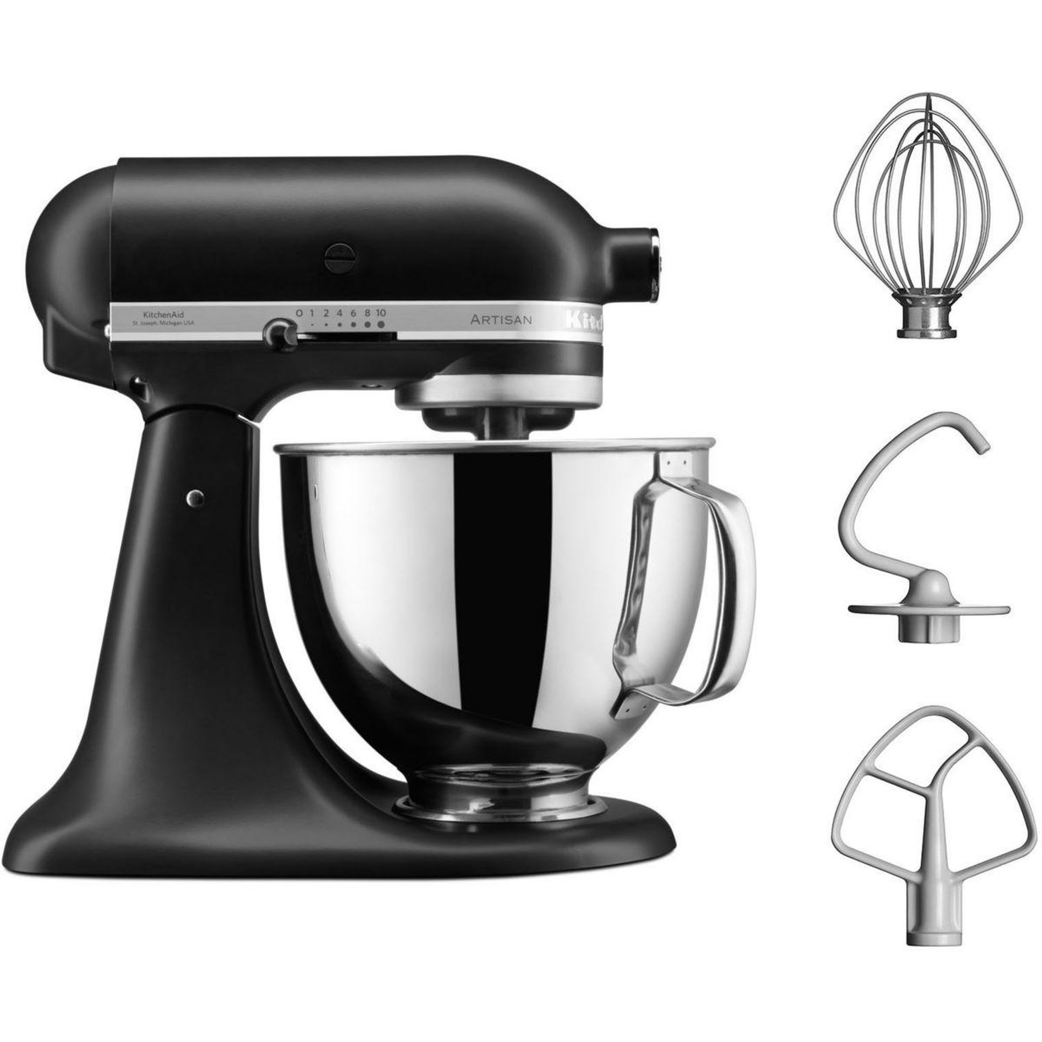 Voir la diapositive 2 : KitchenAid Robot pâtissier 5KSM125EBM Artisan, Noir, 4,8 L, bol avec poignée, 300 watts