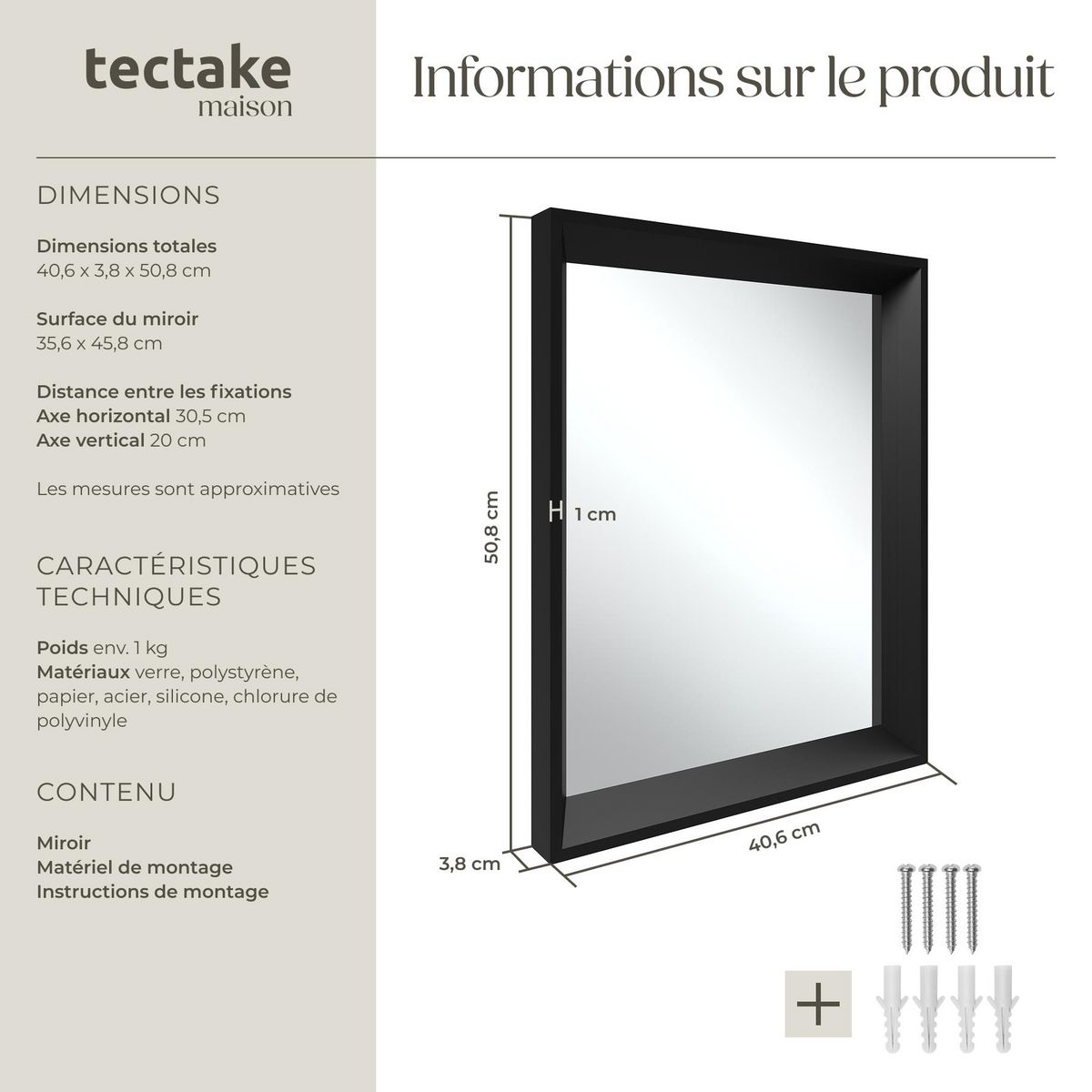 tectake Miroir mural rectangulaire 40,6 x 3,8 x 50,8 cm noir