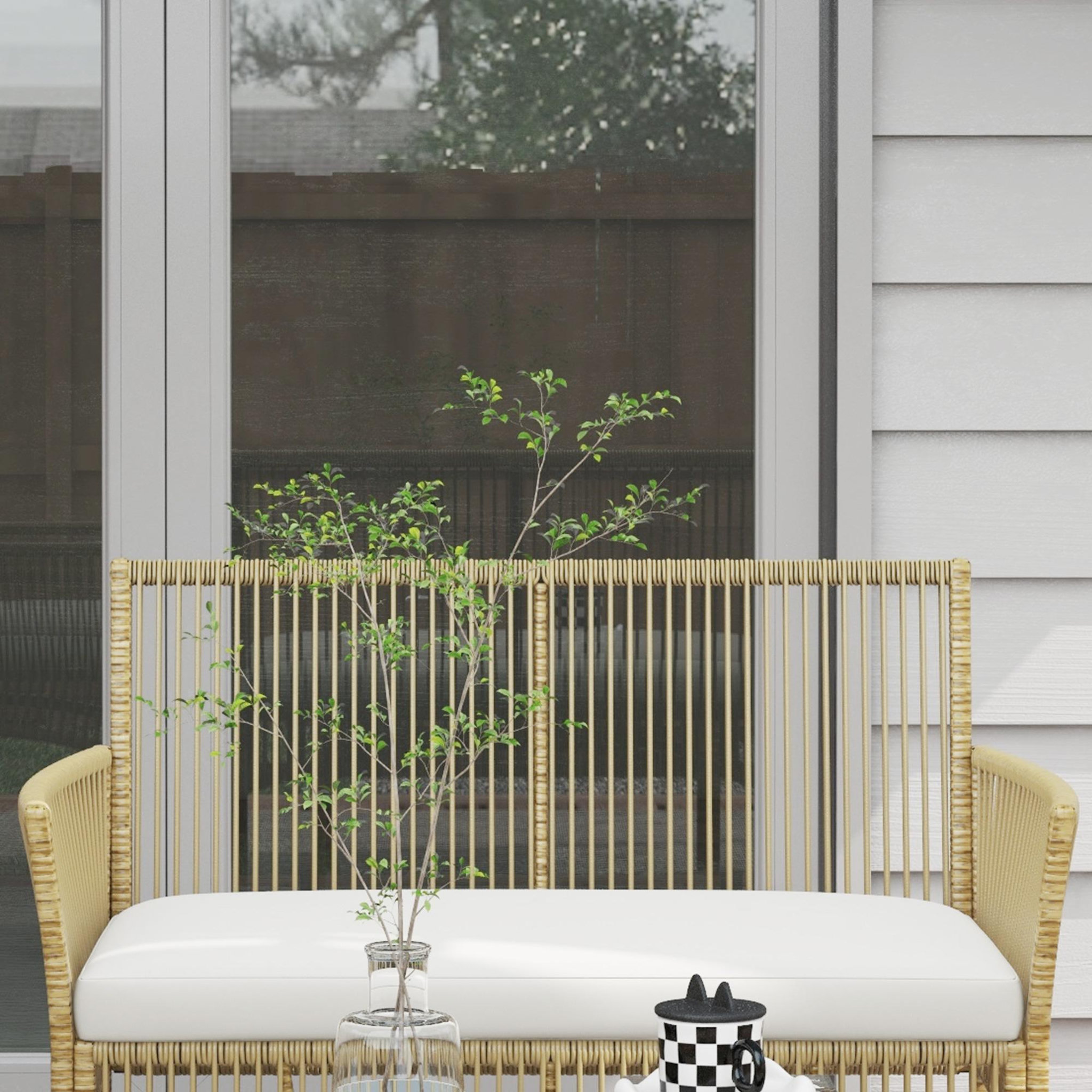 Voir la diapositive 4 : OUTSUNNY Salon de jardin 4 places 4 pièces style colonial table basse coussins inclus résine tressée filée aspect rotin beige