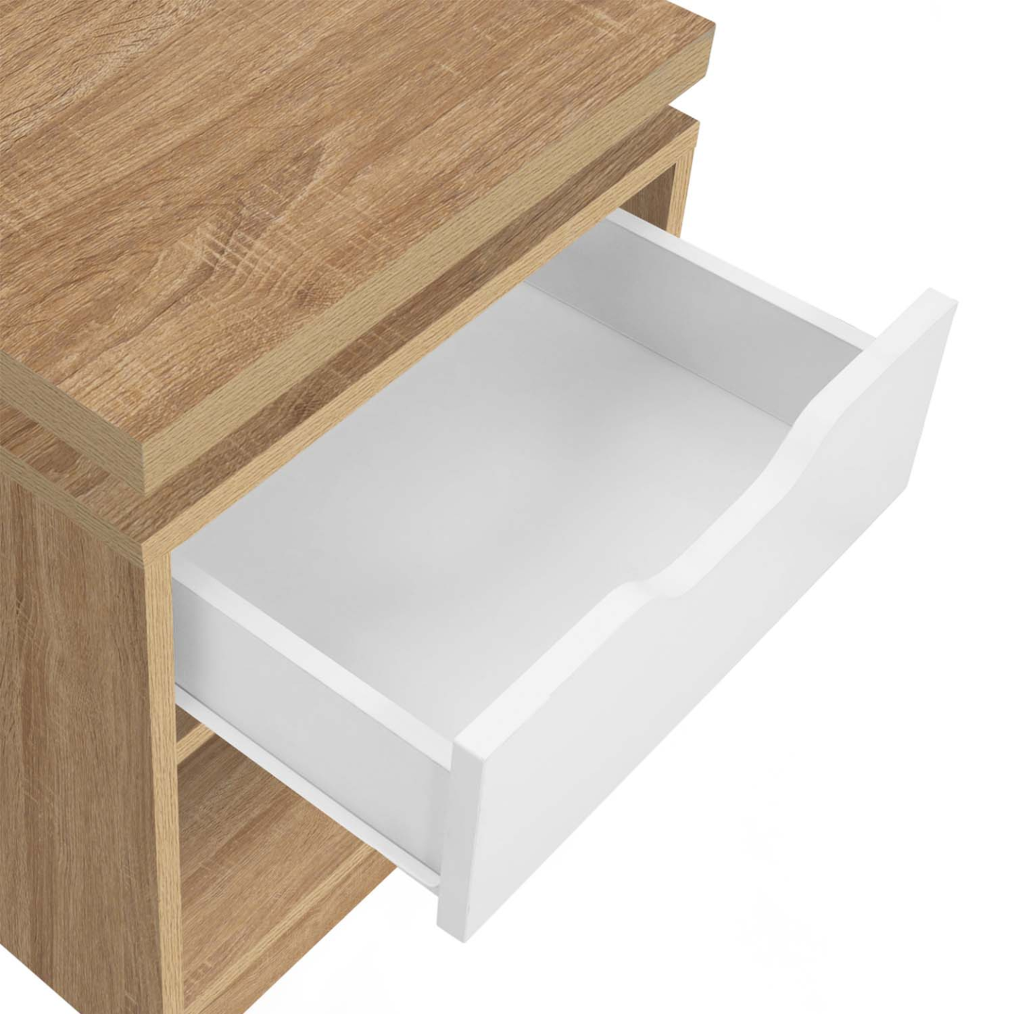 Voir la diapositive 6 : ID MARKET Lot de 2 tables de chevet luna à leds 1 tiroir avec niche hêtre et blanc