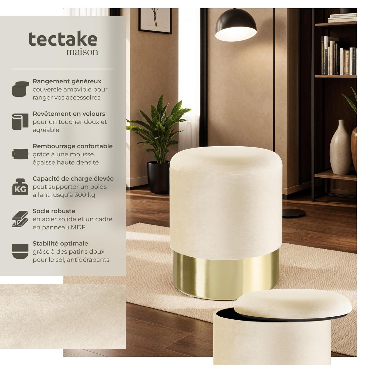 tectake Tabouret avec espace de rangement rond crème