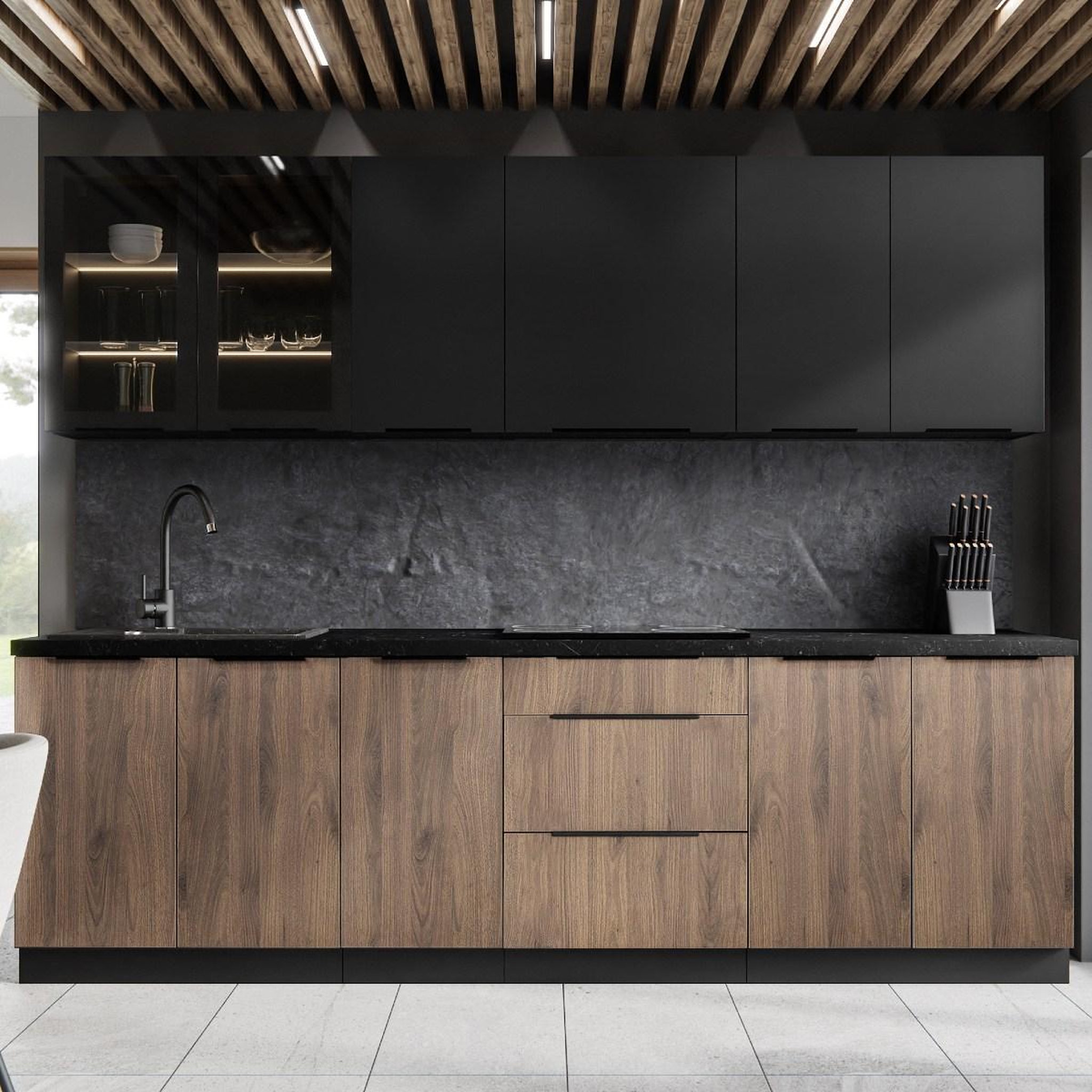 Voir la diapositive 2 : JLC KREATION Cuisine complète moderne bois et noir 260cm MAO
