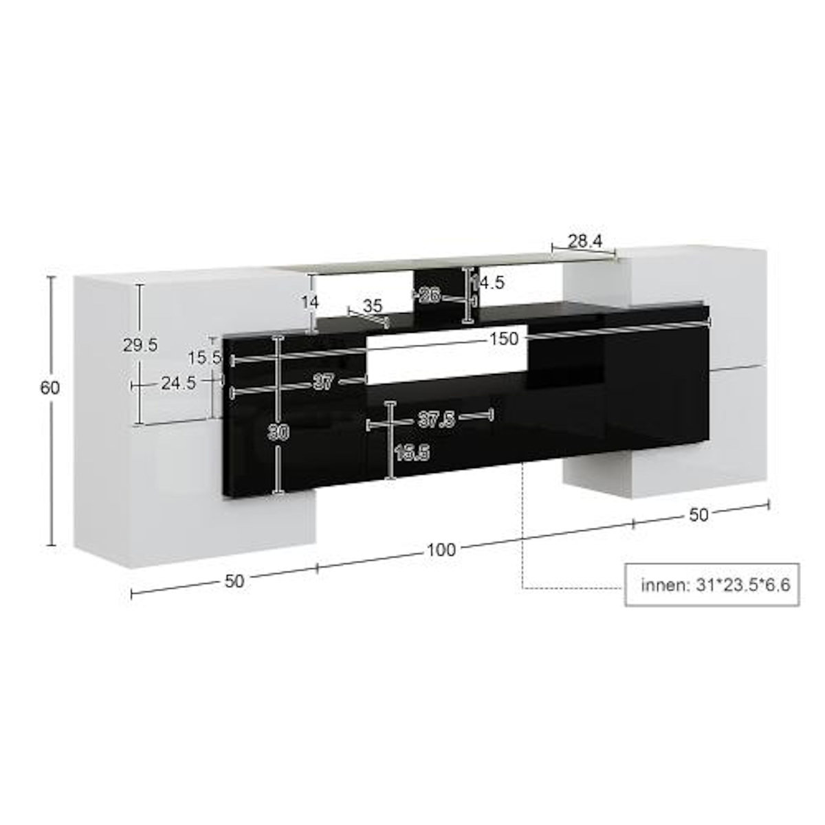 MERAX Meuble tv blanc+noir 200 cm led mdf