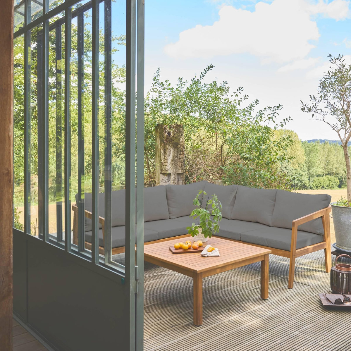 SWEEEK Salon de jardin d'angle en acacia 5 places LOBERIA CORNER, table carrée