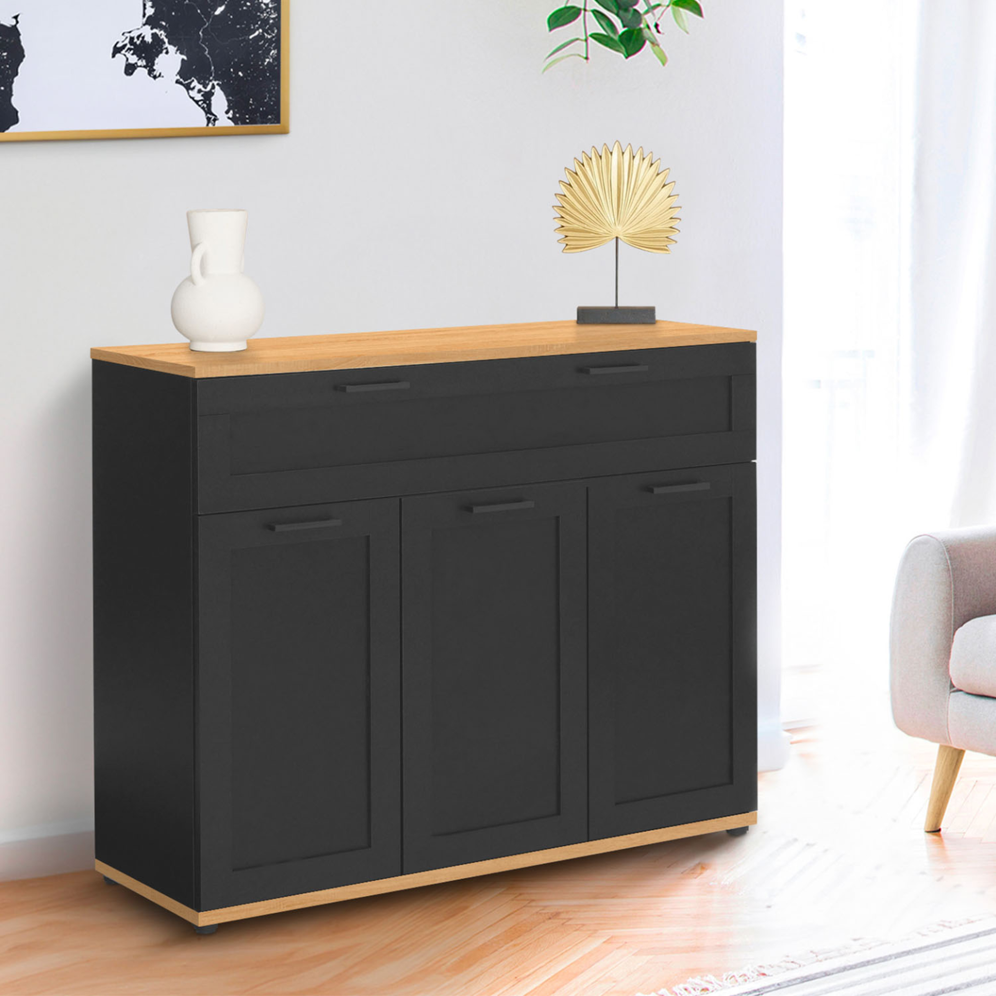 Voir la diapositive 2 : ID MARKET Buffet 100 cm vito 3 portes et 1 tiroir noir et plateau bois
