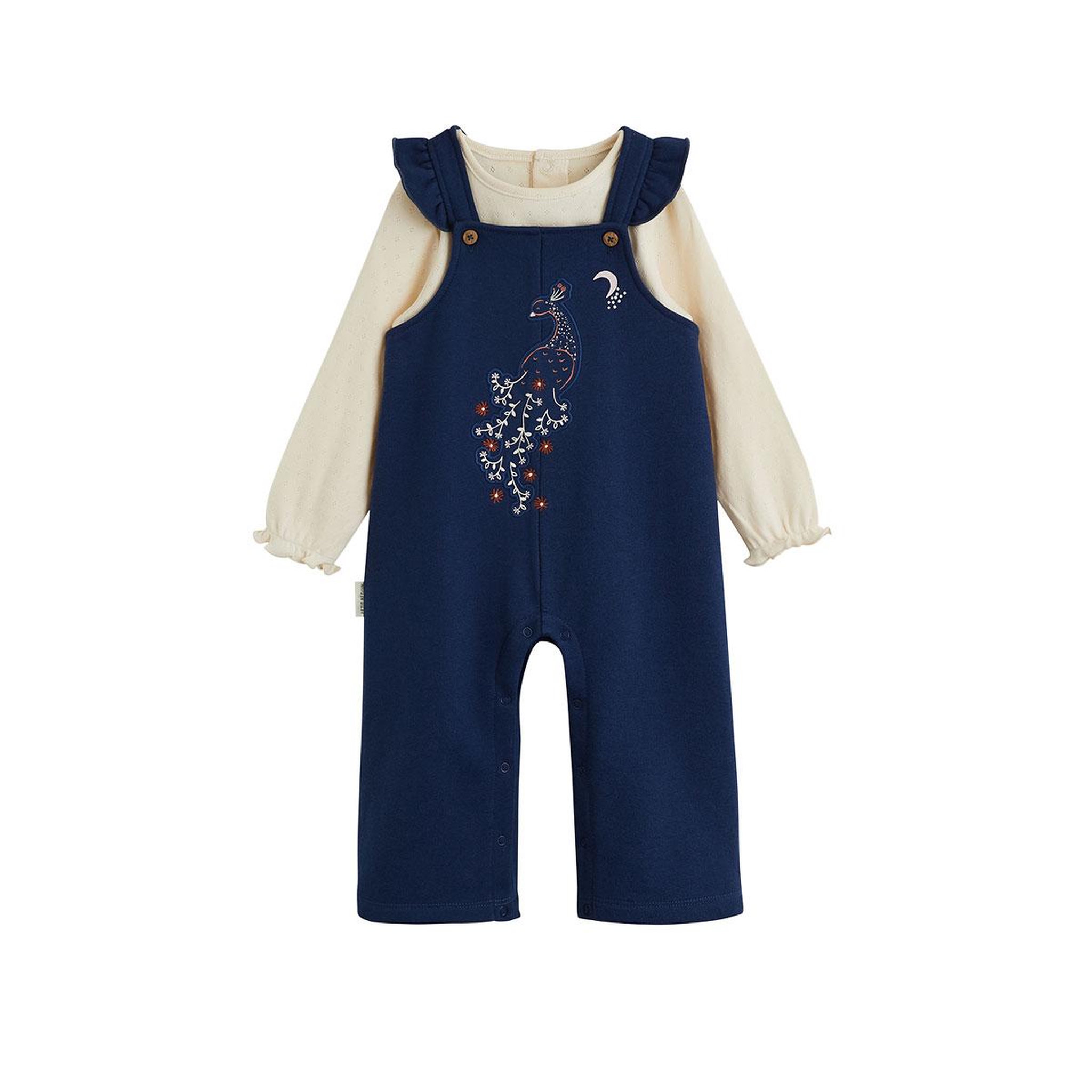 PETIT BEGUIN Ensemble salopette bébé en molleton et t-shirt en pointelle ollie. Coloris disponibles : Bleu