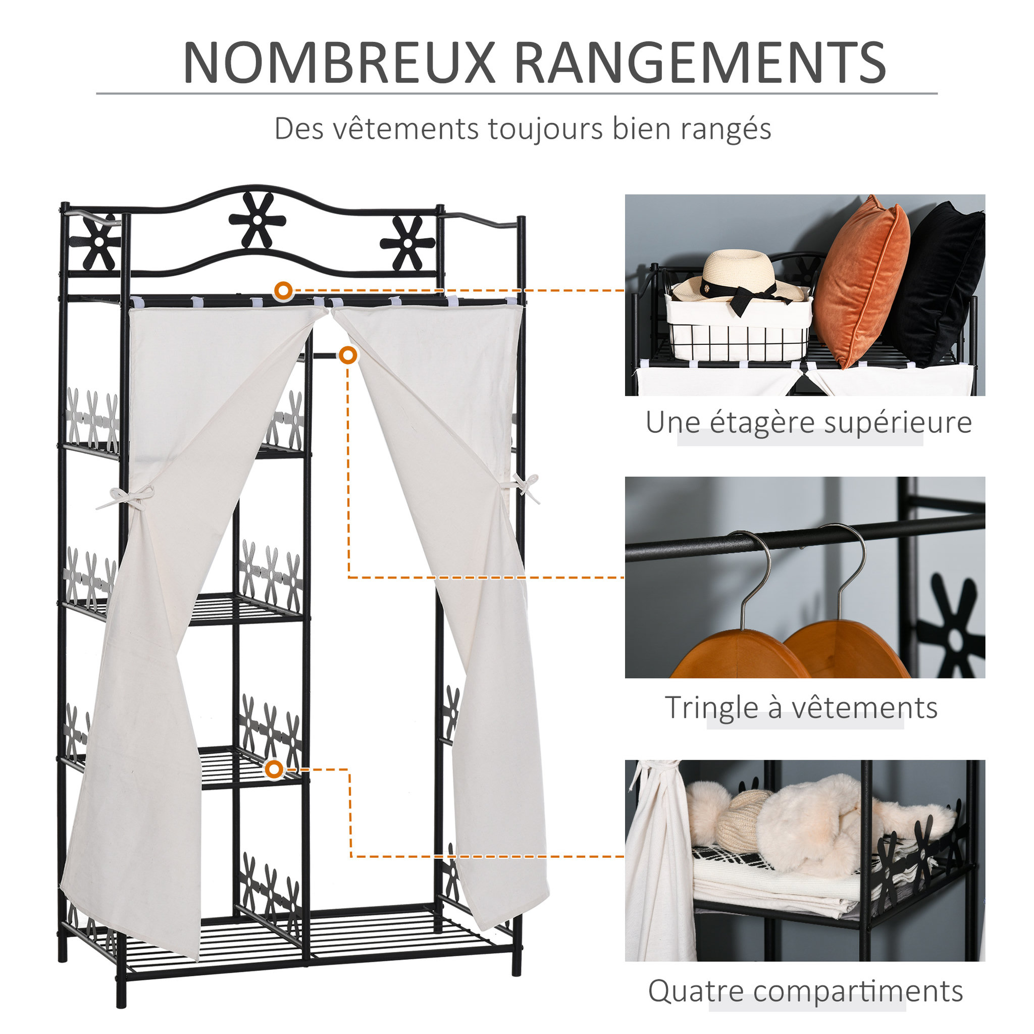 Voir la diapositive 5 : HOMCOM Armoire penderie multi-rangement - 5 étagères - dim. 84L x 42l x 158,5H cm - métal noir motif fleurs 2 rideaux blanc