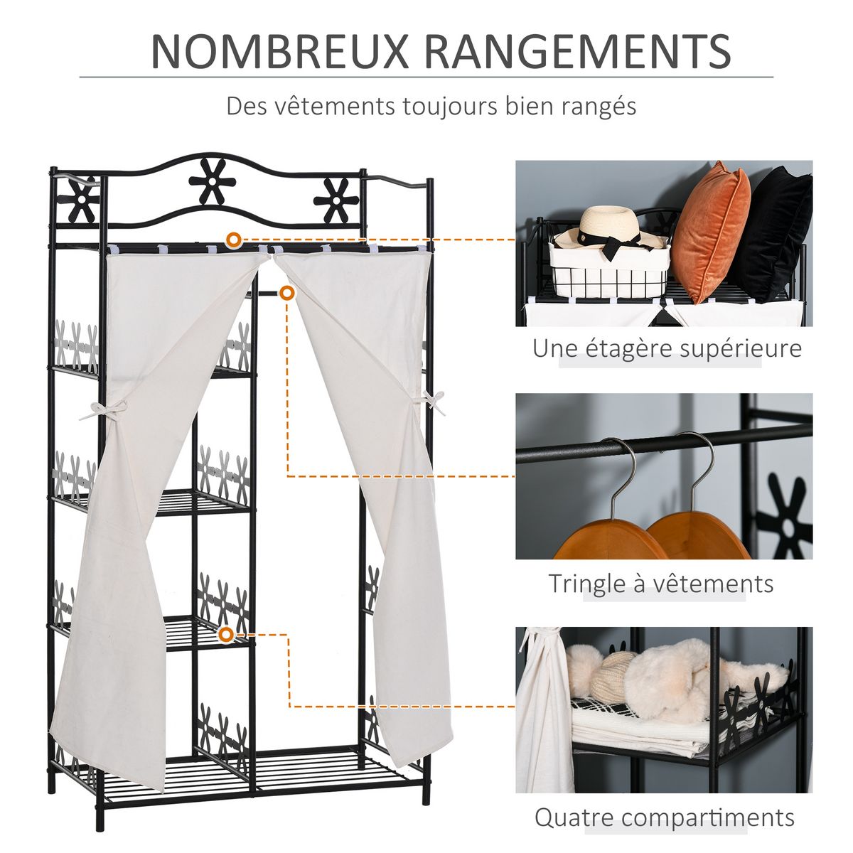 HOMCOM Armoire penderie multi-rangement - 5 étagères - dim. 84L x 42l x 158,5H cm - métal noir motif fleurs 2 rideaux blanc