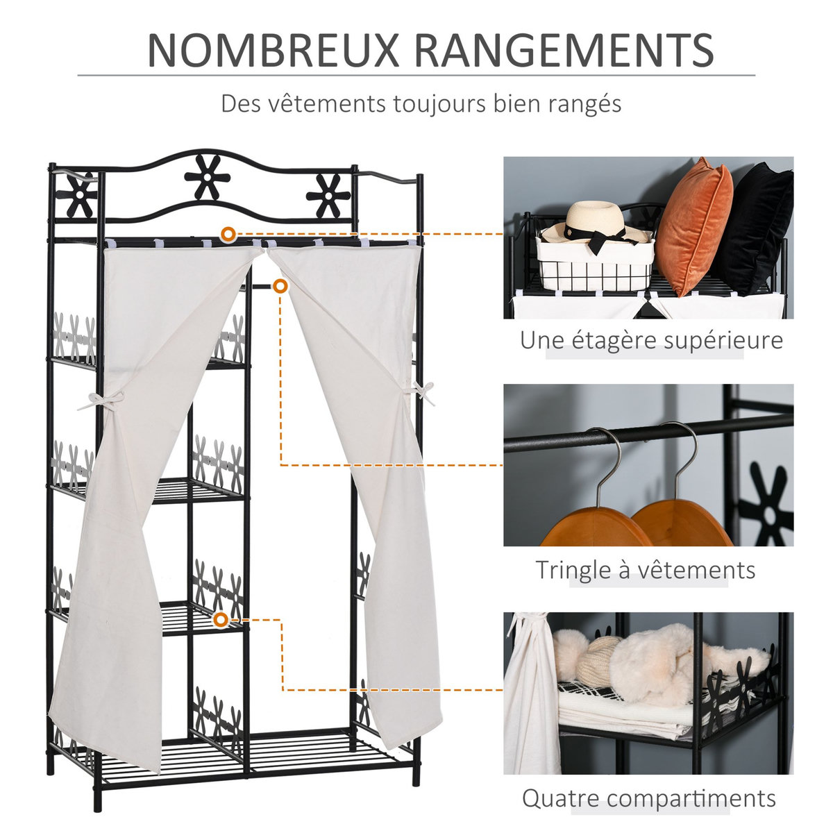 HOMCOM Armoire penderie multi-rangement - 5 étagères - dim. 84L x 42l x 158,5H cm - métal noir motif fleurs 2 rideaux blanc