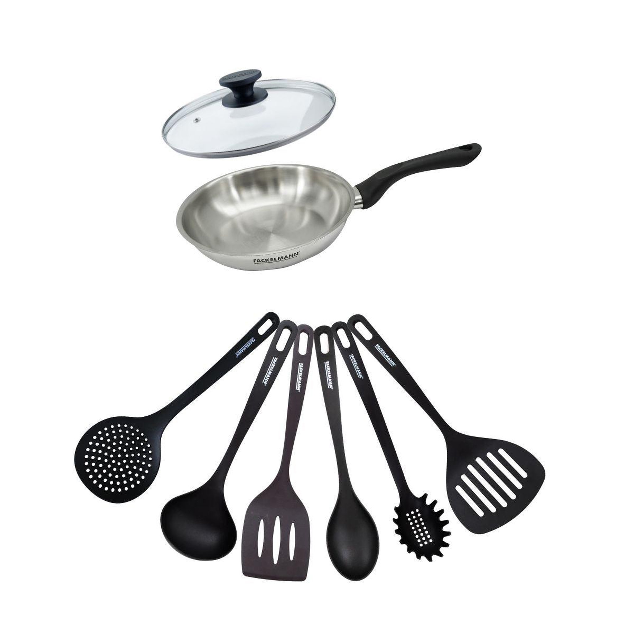 Fackelmann Set poêle 20 cm en inox, couvercle verre et 6 ustensiles fackelmann geneva