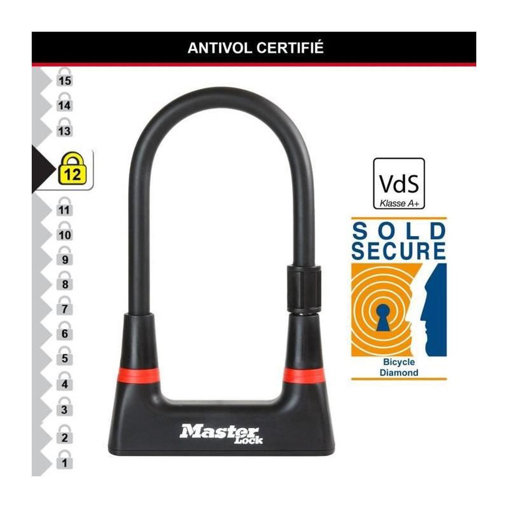 Voir la diapositive 4 : Master lock Antivol Vélo U - MASTER LOCK - 8279EURDPRO - Acier Cémenté, Clé, Certifié
