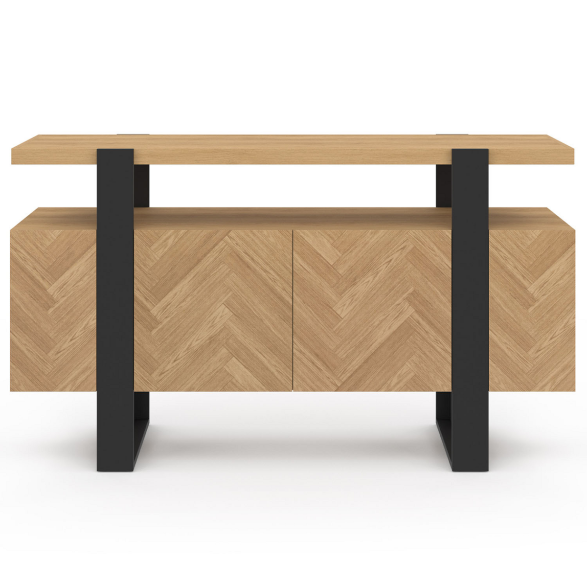 ID MARKET Buffet 140 cm CASSIUS 4 portes effet chevrons et noir