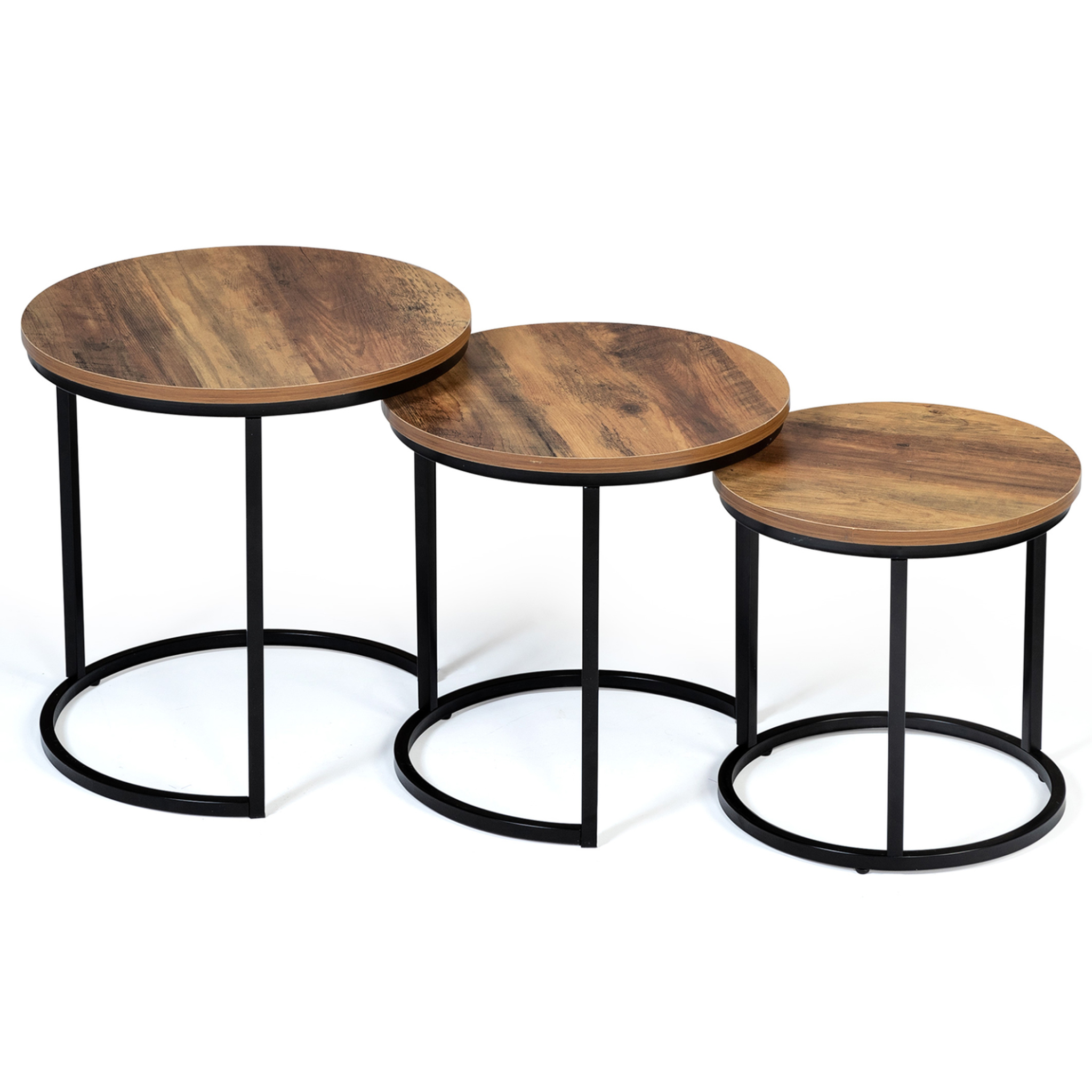 Voir la diapositive 4 : ID MARKET Lot de 3 tables basses gigognes hawkins rondes 30/40/45 bois foncé design industriel