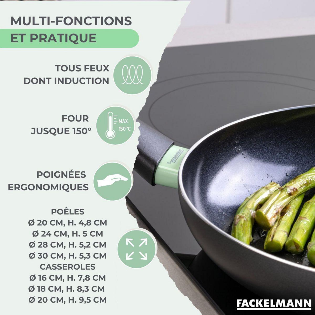 Fackelmann Set de 4 poêles 20 24 28 et 30 cm et 3 casseroles 16, 18 et 20 cm antiadhésives céramique et 6 ustensiles Fackelmann Brandao
