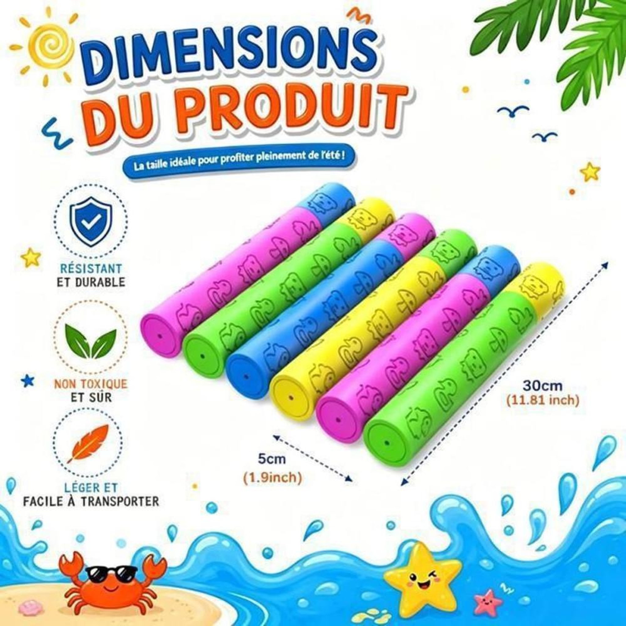 Voir la diapositive 2 : Jeu extérieur : coffret de 12 canons à eau en mousse XXL 30 cm, portée 4 à 6 m, couleurs assorties
