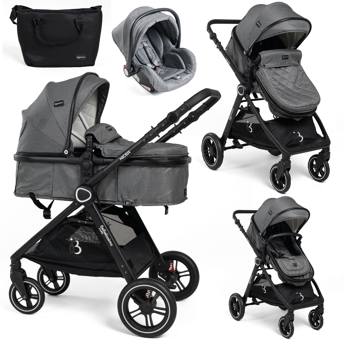 Bebelissimo - poussette combinée trio 3 en 1 - siège auto 0m - nacelle -  dès la naissance - jusqu'à 22kg - nicea - gris gris Lorelli