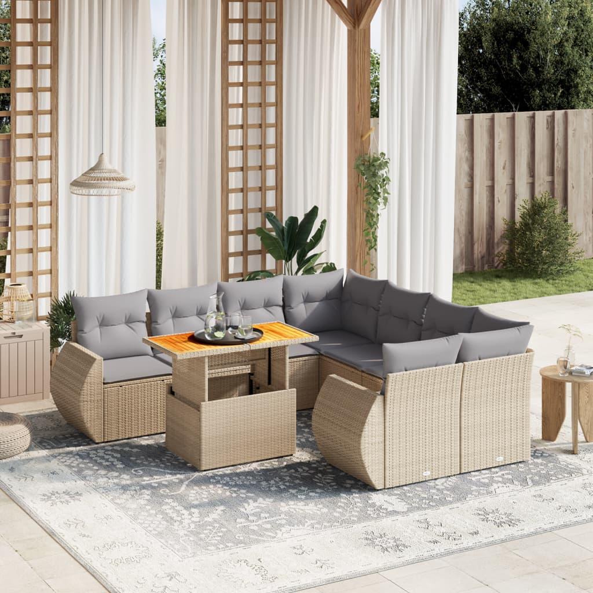VIDAXL Salon de jardin avec coussins 9 pcs beige resine tressee