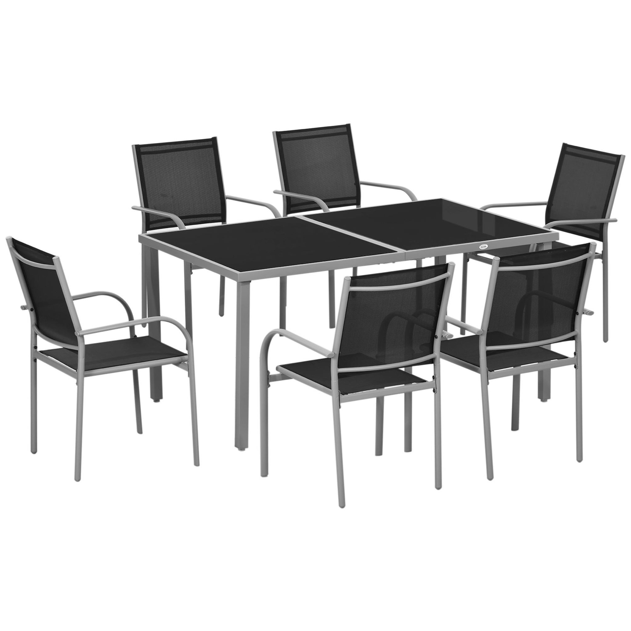 Voir la diapositive 1 : OUTSUNNY Ensemble de jardin 6 personnes chaises empilables table à manger dim. 150l x 90l x 72h cm plateau verre acier époxy textilène noir