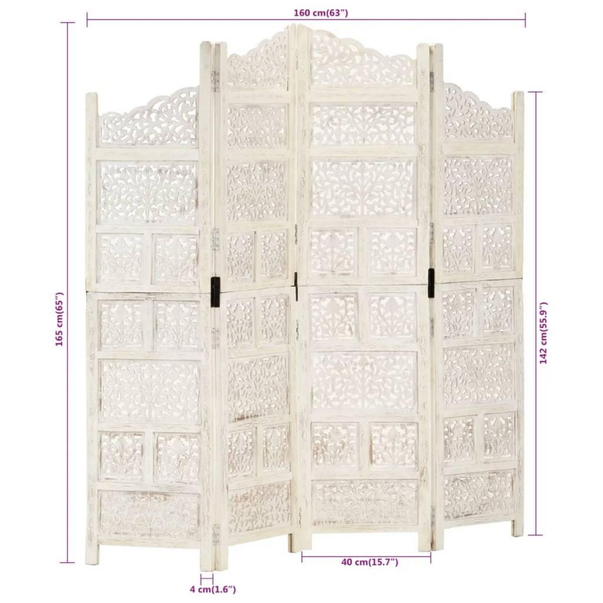 VIDAXL Cloison de separation 4 panneaux Blanc 160x165 cm Bois manguier