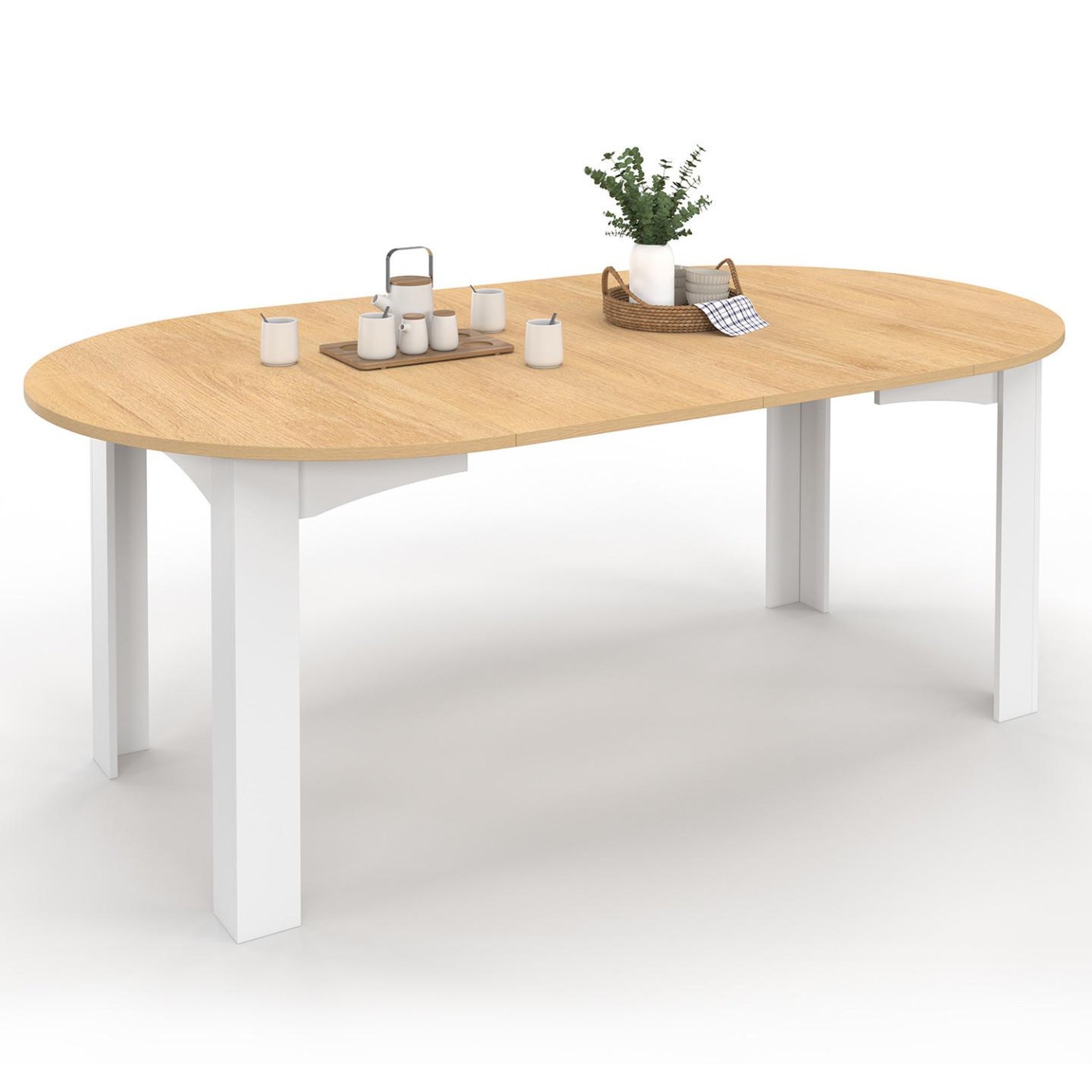 ID MARKET Table à manger extensible ronde dona 4-10 personnes blanche plateau façon hêtre 110-200 cm