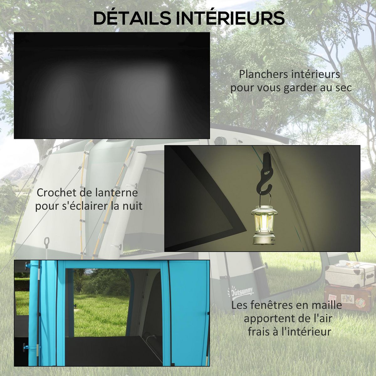 OUTSUNNY Tente de camping 3-4 pers. 2 chambres 4 portes 4 fenêtres sac bleu