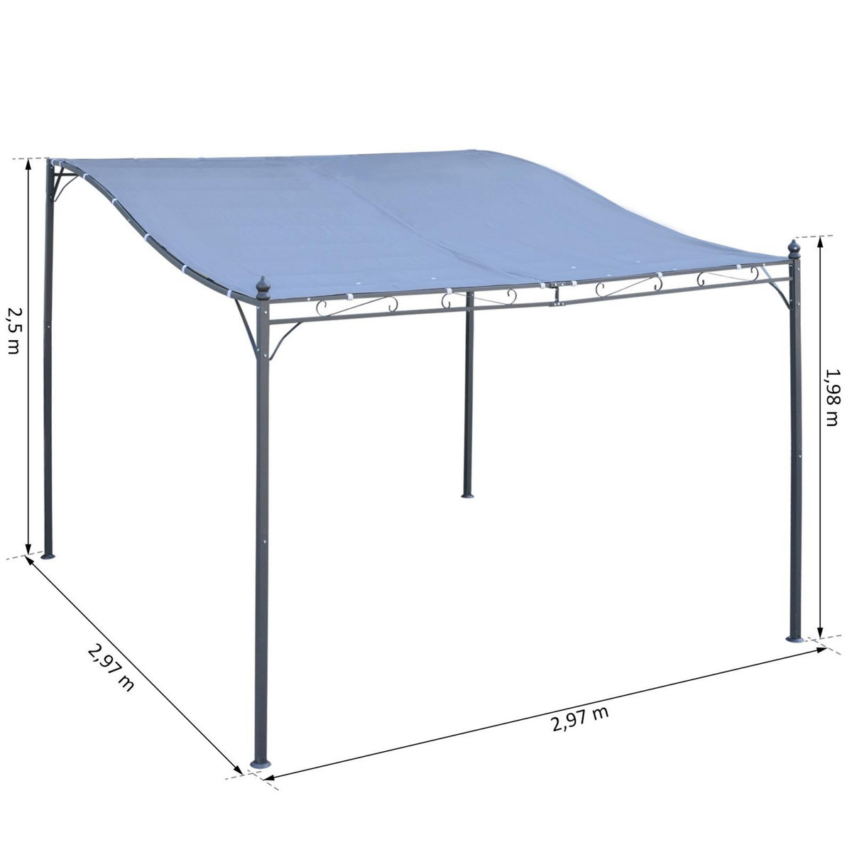 OUTSUNNY Pergola tonnelle de jardin auvent 2,97 x 2,97 m adossable métal noir polyester anti-UV gris