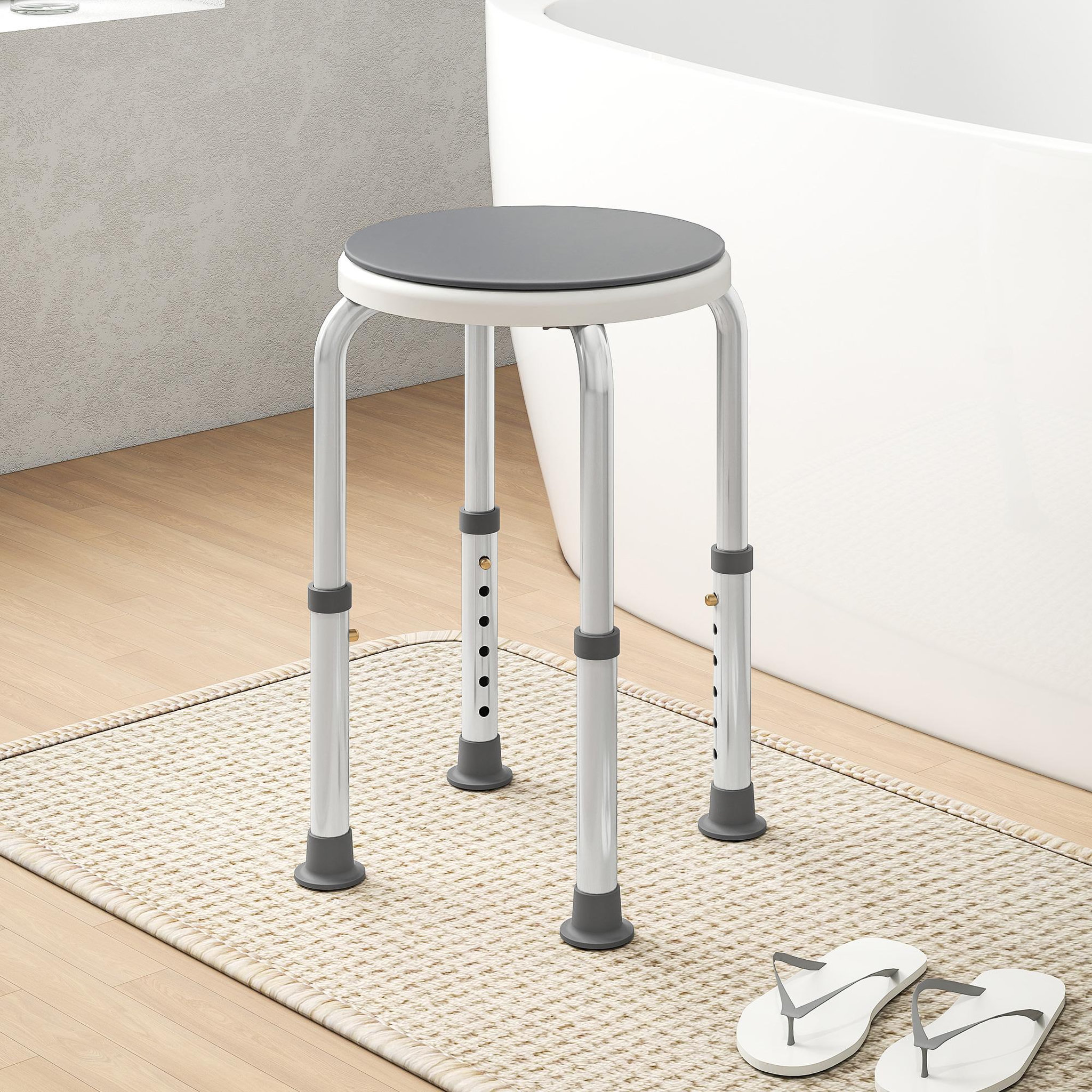 Voir la diapositive 4 : HOMCOM Tabouret de douche siège de douche - hauteur réglable, pivotant 360° - alu pp blanc gris