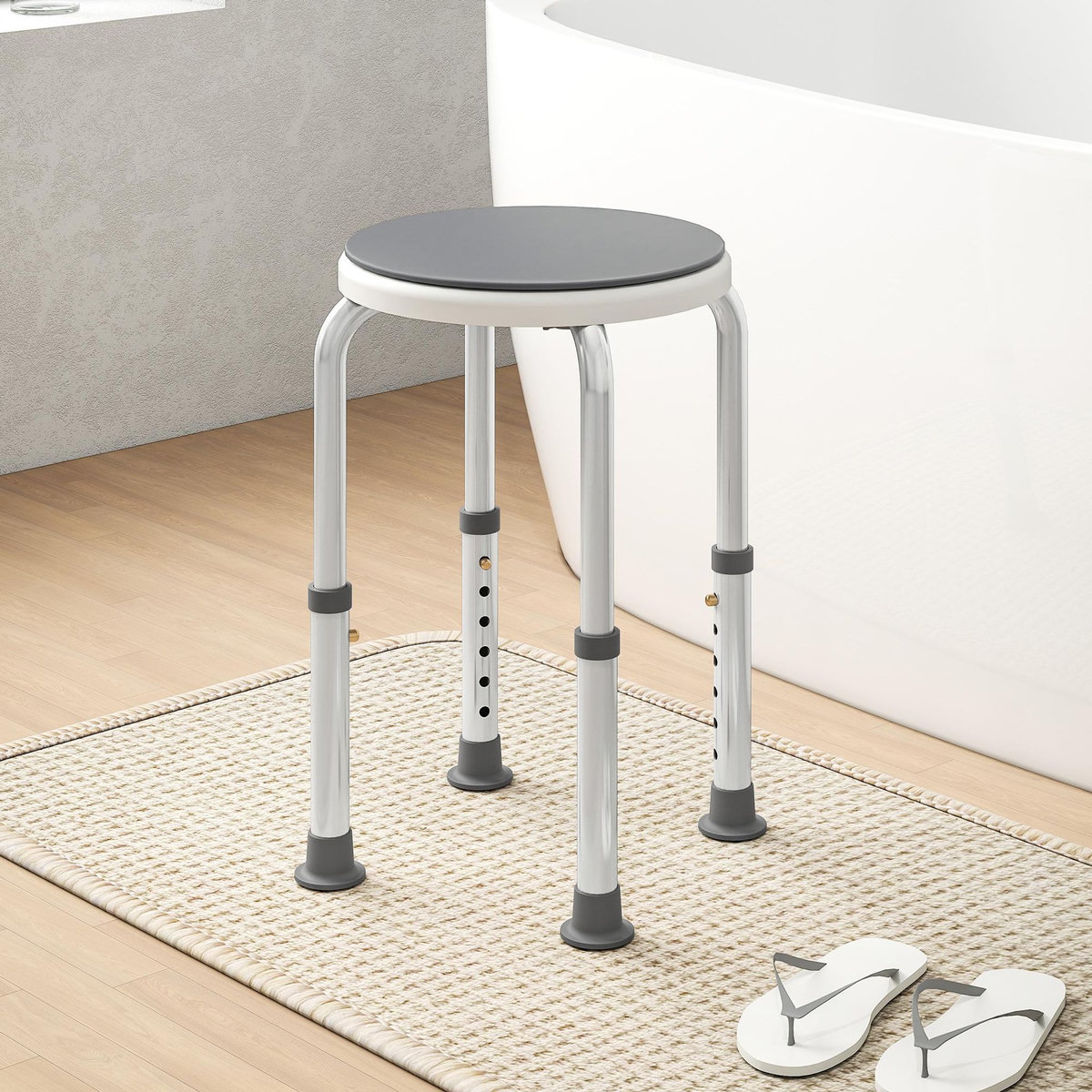 HOMCOM Tabouret de douche siège de douche - hauteur réglable, pivotant 360° - alu PP blanc gris